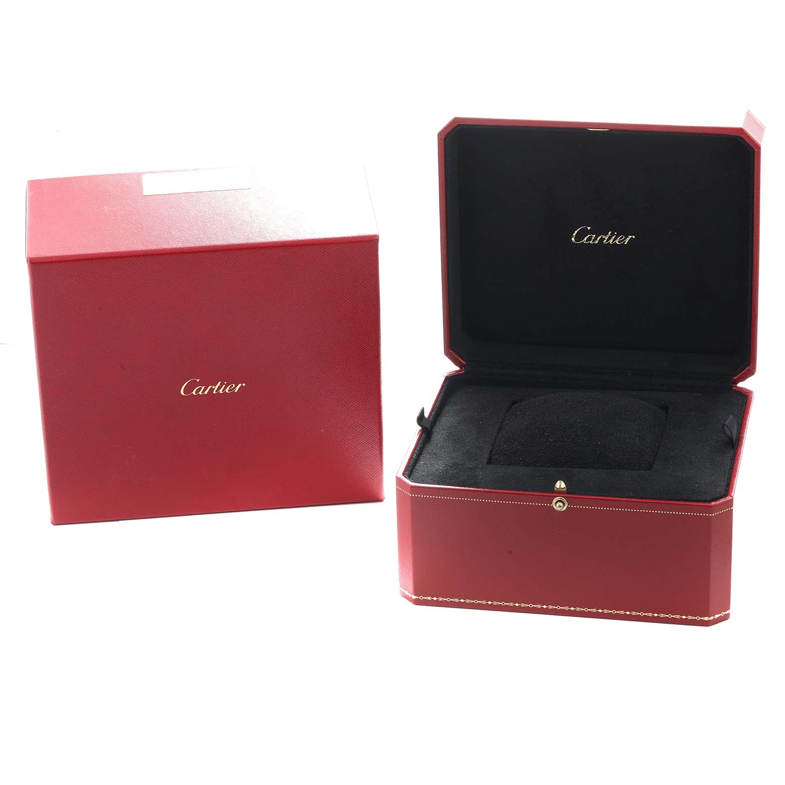 The image shows the red presentation box and outer box for a Cartier Tank Française watch, with the box open revealing a black interior.