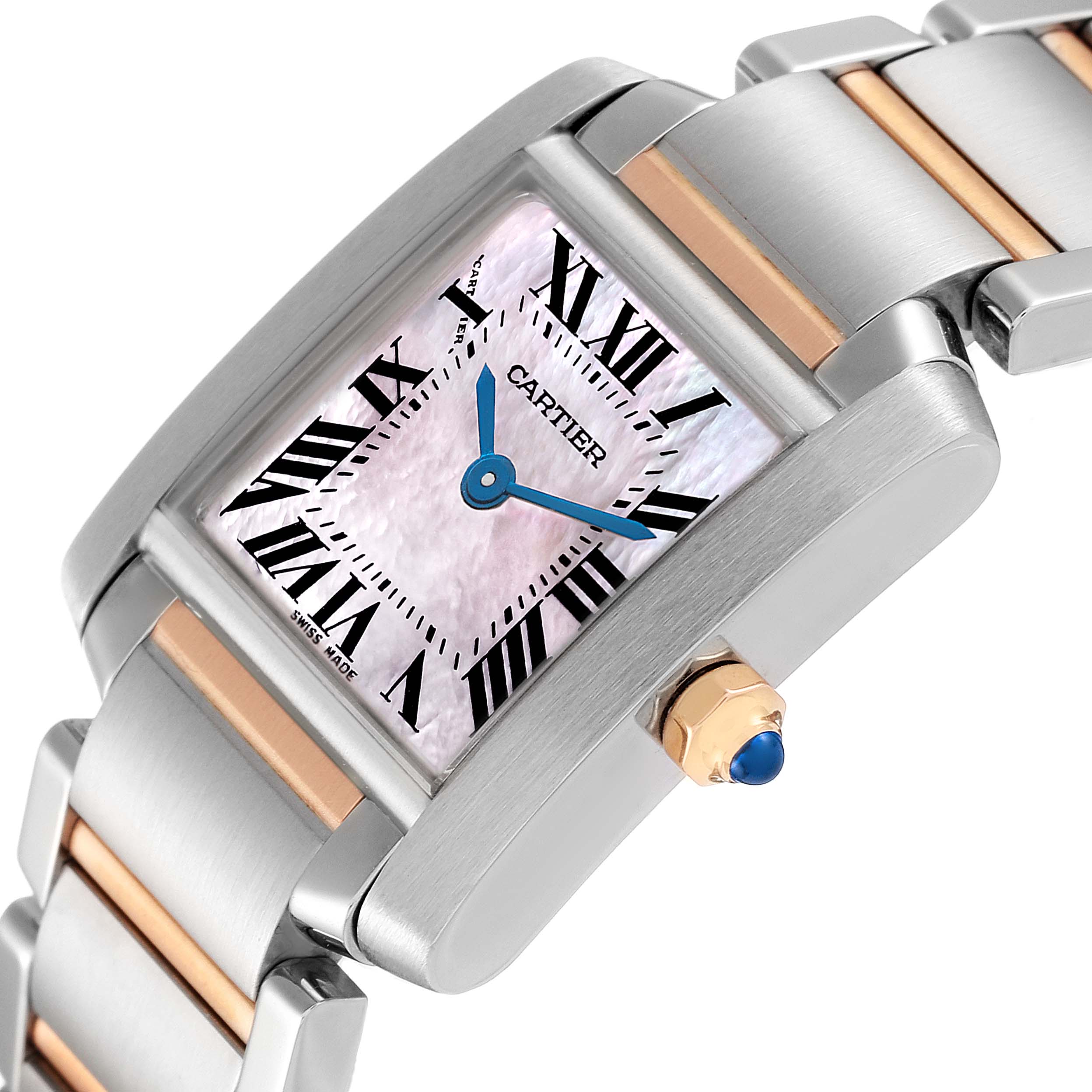 The image shows a close-up angle of the Cartier Tank Francaise W51027Q4 Women's Steel and Gold (two tone) Mother of Pearl Dial W51027Q4 Women's Steel and Gold (two tone) Mother of Pearl Dial watch, highlighting its face, crown, and bracelet.