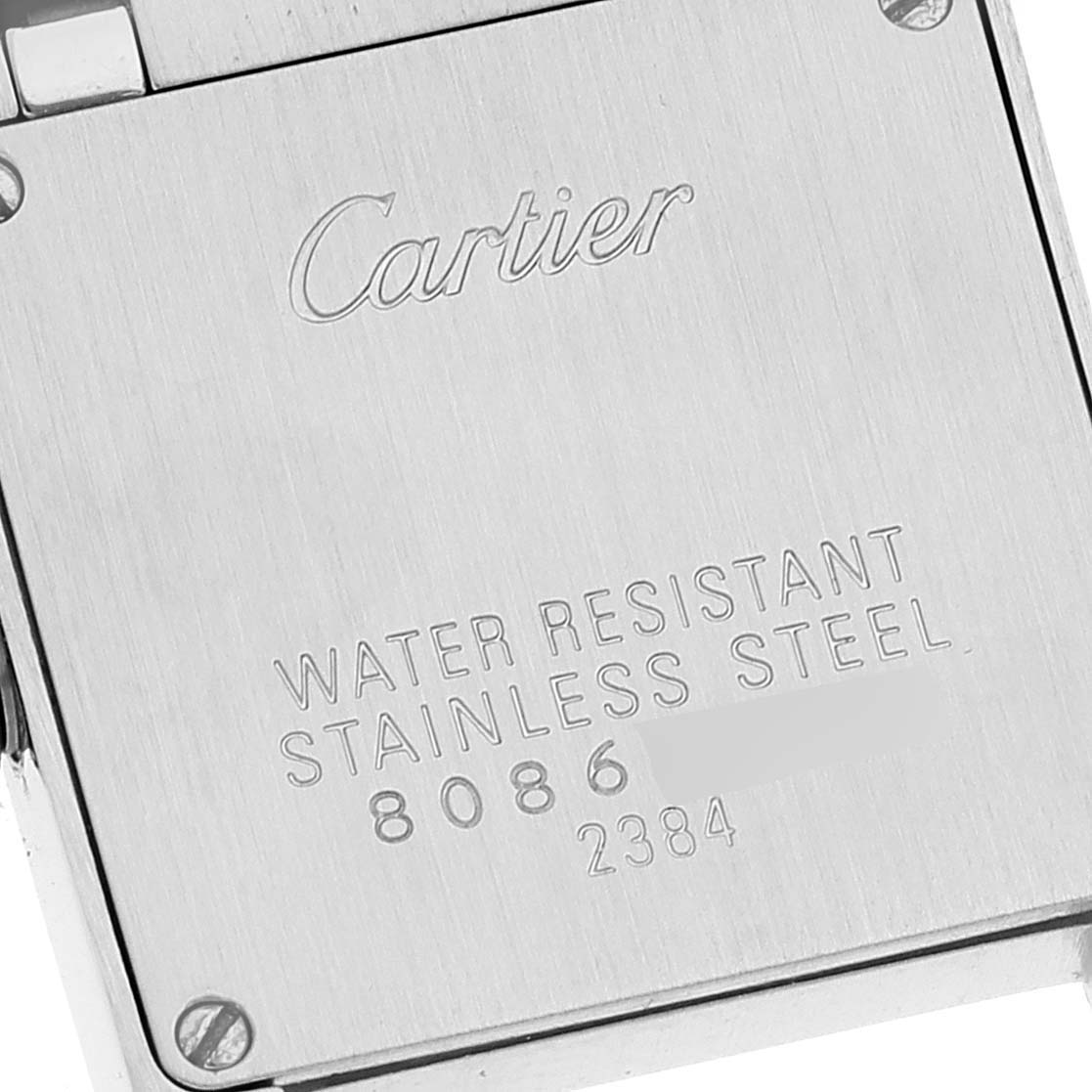 This image shows the back case of the Cartier Tank Francaise W51027Q4 Women's Steel and Gold (two tone) Mother of Pearl Dial W51027Q4 Women's Steel and Gold (two tone) Mother of Pearl Dial watch, displaying the brand name and water resistance information.