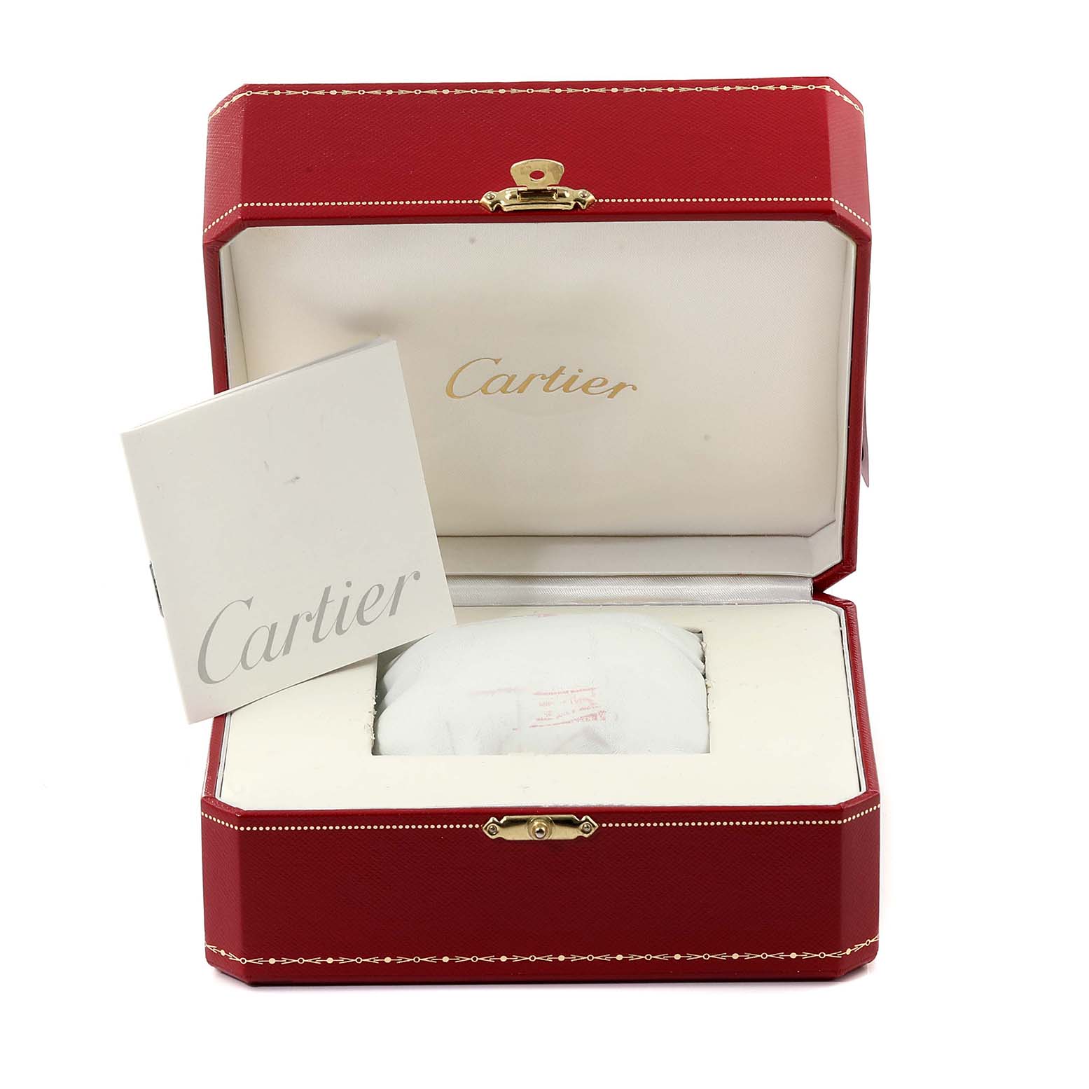 The image showcases the red packaging box and booklet of the Cartier Tank Francaise W51027Q4 Women's Steel and Gold (two tone) Mother of Pearl Dial W51027Q4 Women's Steel and Gold (two tone) Mother of Pearl Dial watch.