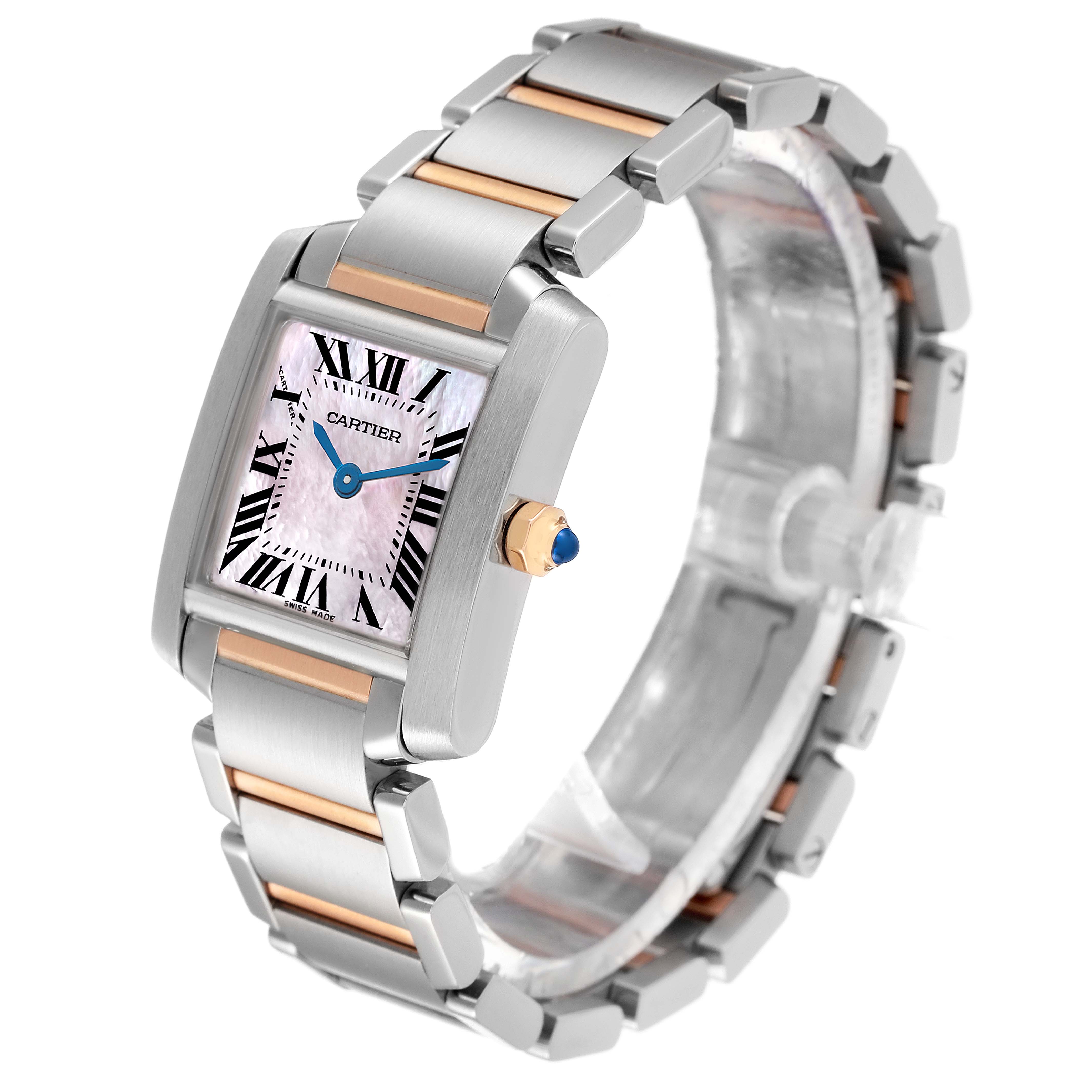 The Tank Francaise by Cartier is shown from an angled perspective, highlighting the case, dial, bracelet, and crown.