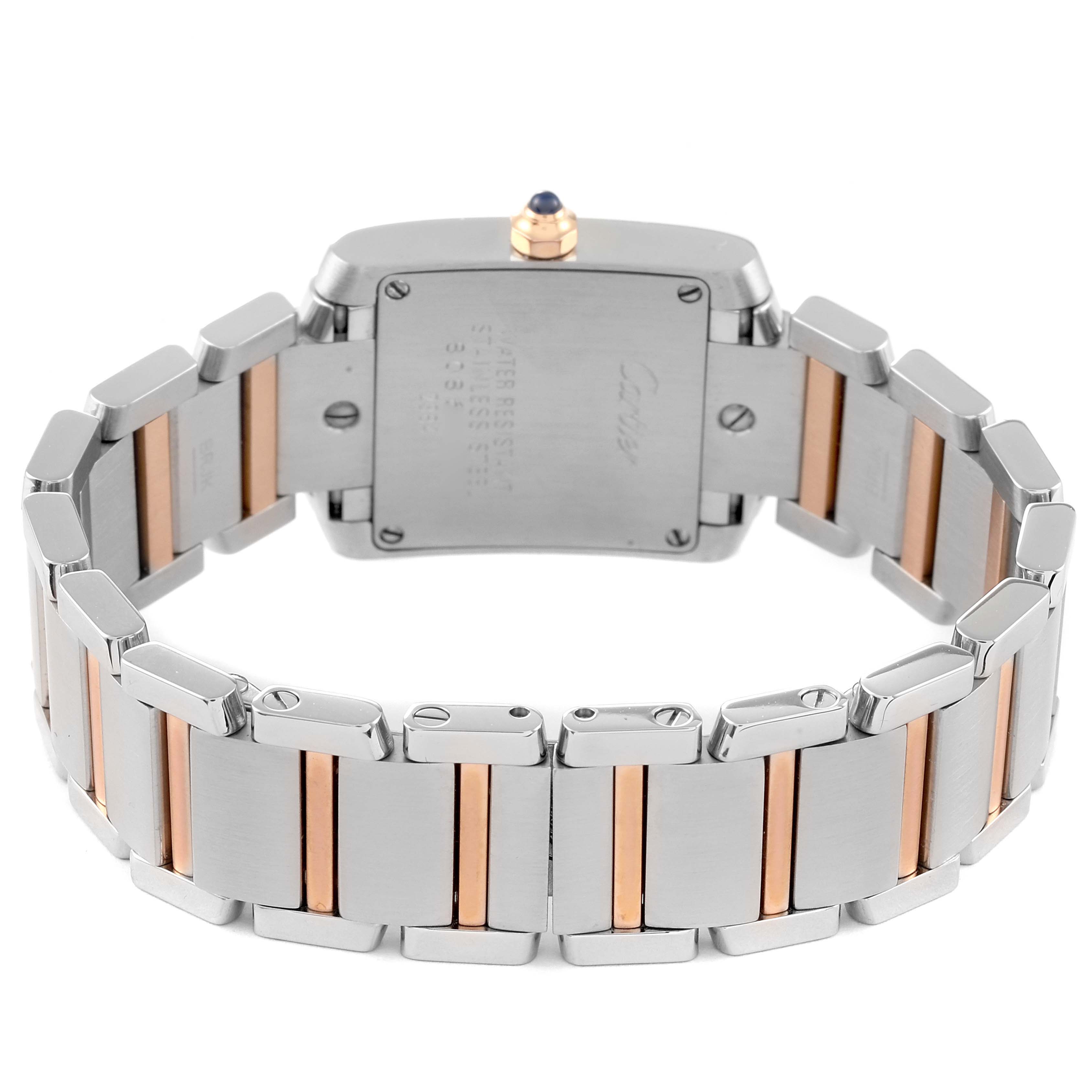 This image shows the back of a Cartier Tank Francaise W51027Q4 Women's Steel and Gold (two tone) Mother of Pearl Dial W51027Q4 Women's Steel and Gold (two tone) Mother of Pearl Dial watch, highlighting its two-tone metal bracelet and case back.