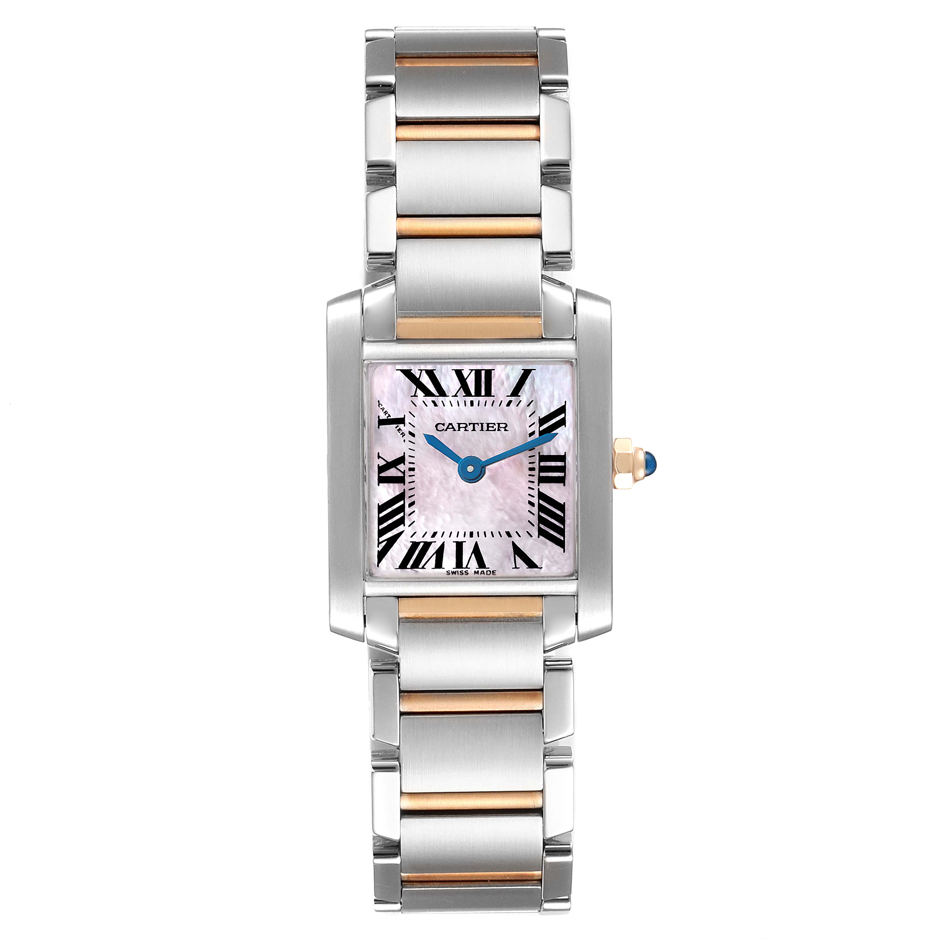 This image shows a front view of the Cartier Tank Francaise W51027Q4 Women's Steel and Gold (two tone) Mother of Pearl Dial W51027Q4 Women's Steel and Gold (two tone) Mother of Pearl Dial watch, displaying its face, bracelet, and crown.
