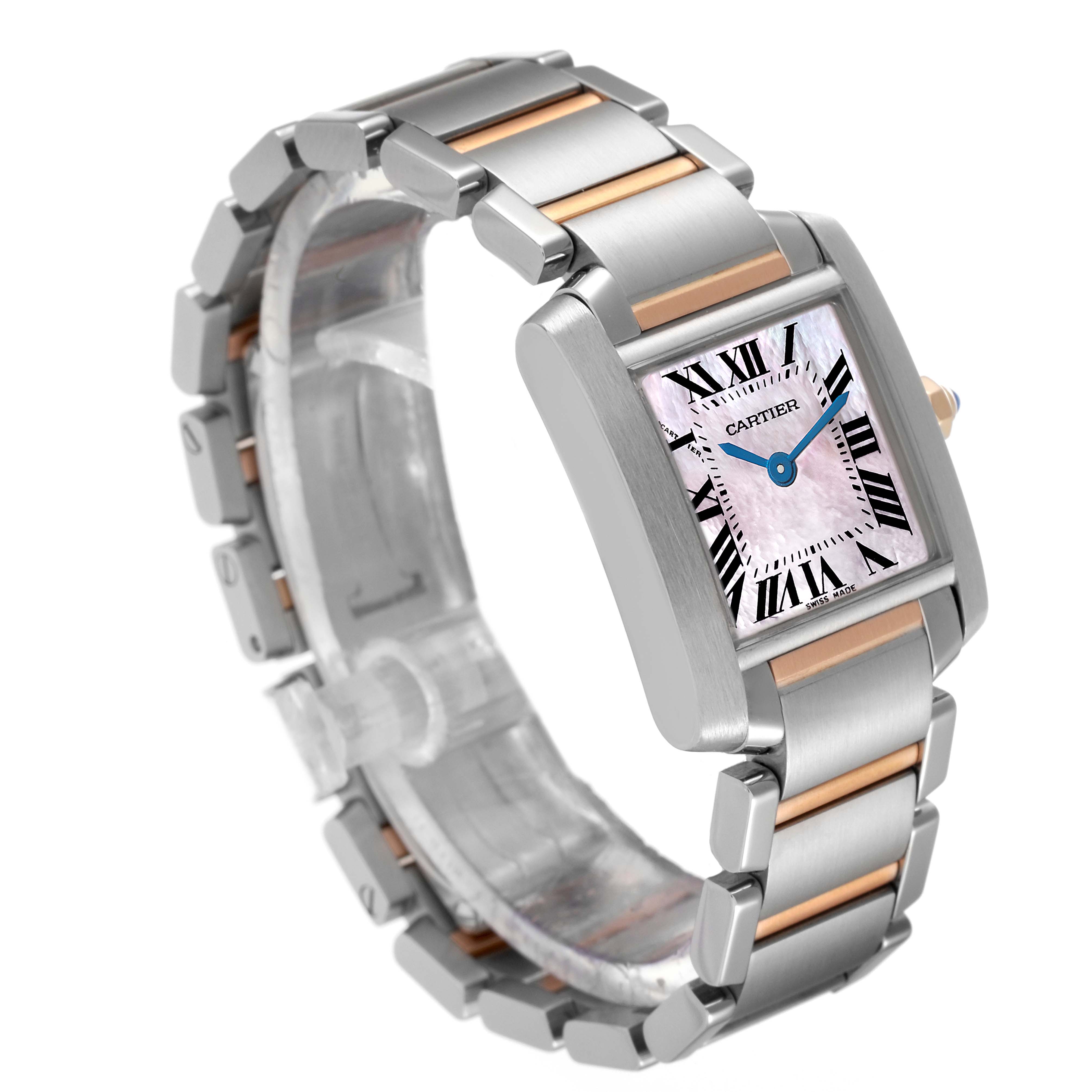 The Cartier Tank Francaise W51027Q4 Women's Steel and Gold (two tone) Mother of Pearl Dial W51027Q4 Women's Steel and Gold (two tone) Mother of Pearl Dial watch is shown from an oblique angle, displaying its face, crown, and bracelet.