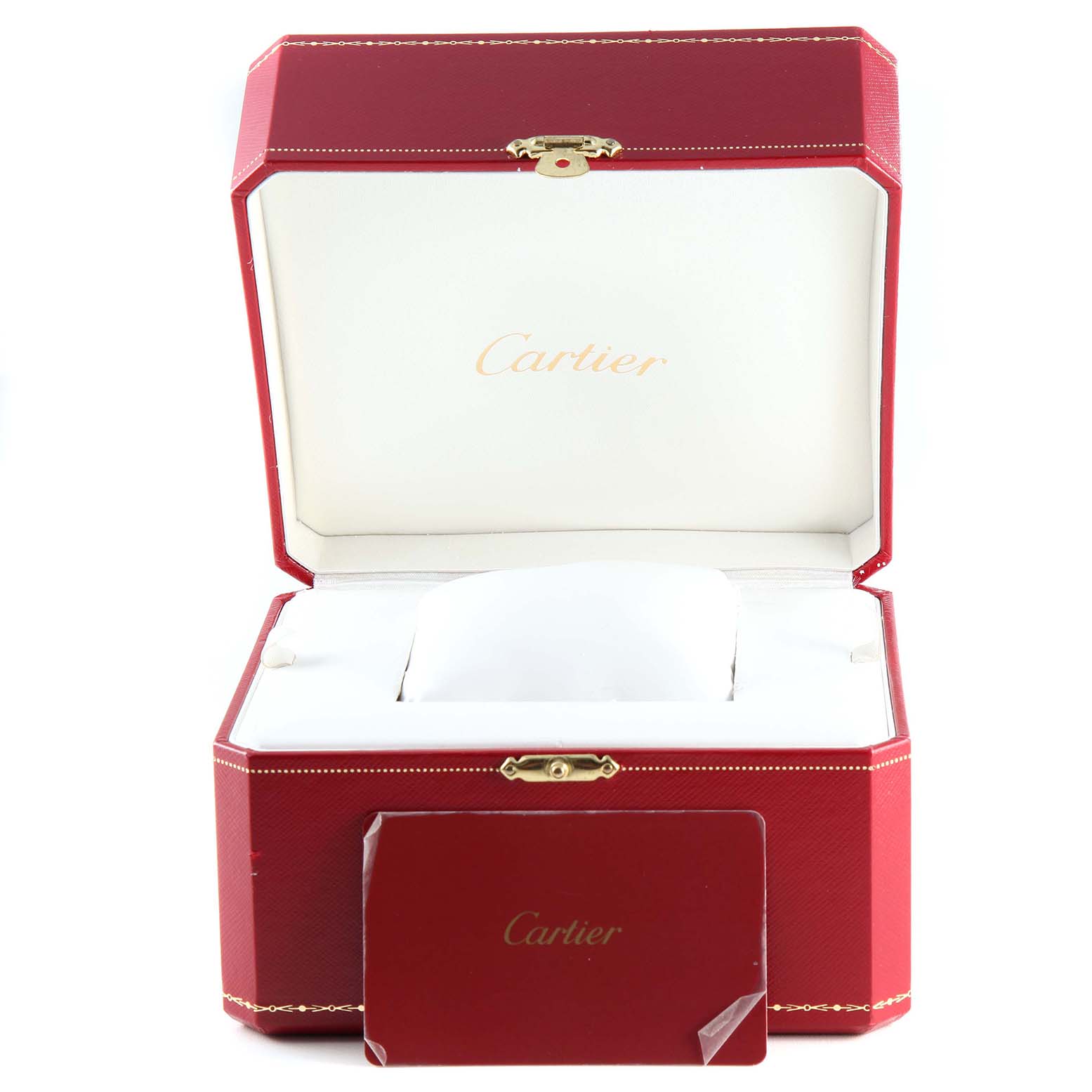 The image shows an open Cartier Tank Francaise W4TA0008 Women
s Stainless Steel Silver Dial W4TA0008 Women
s Stainless Steel Silver Dial watch box, revealing its inner cushion and a red information card.