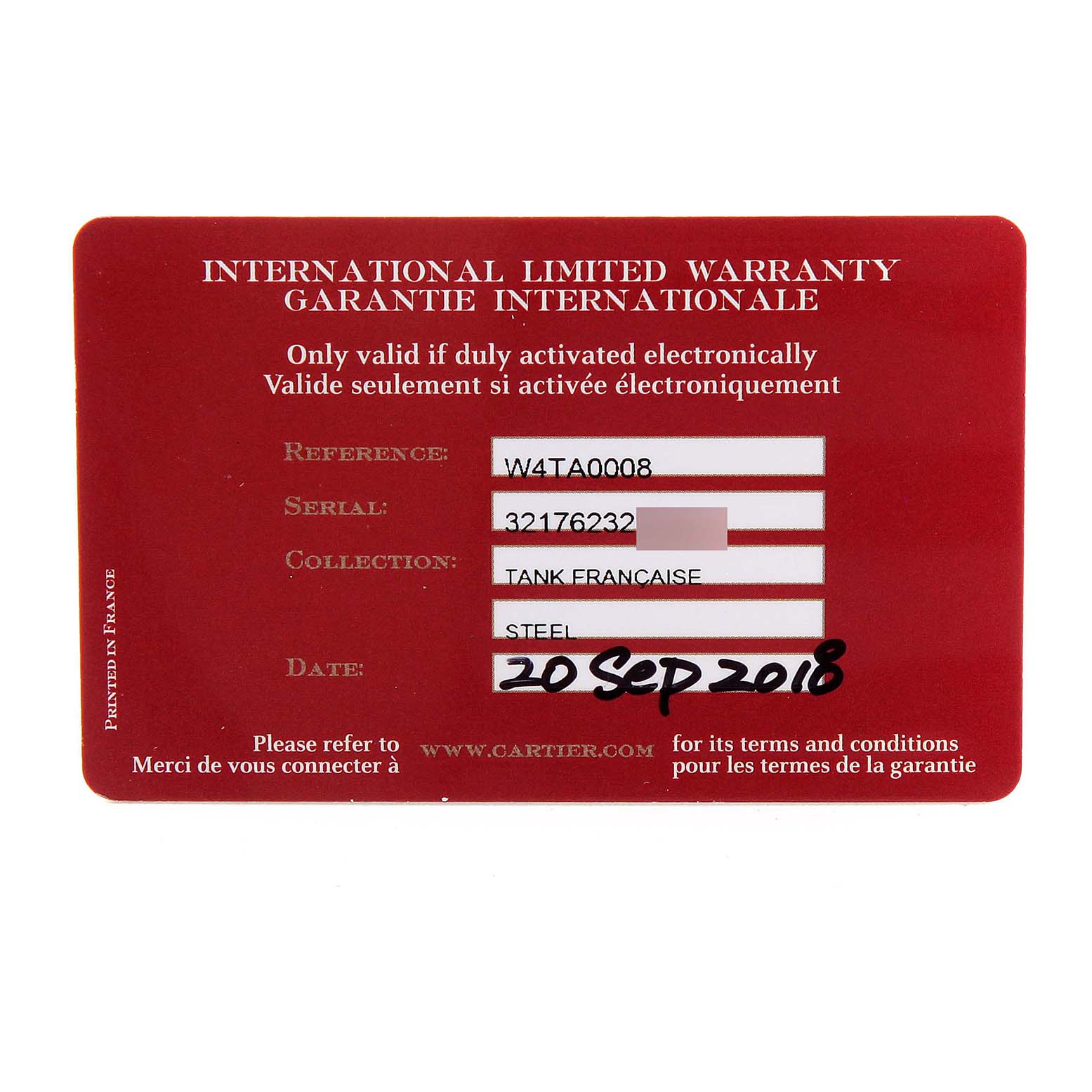 This is a warranty card for the Cartier Tank Francaise W4TA0008 Women
s Stainless Steel Silver Dial W4TA0008 Women
s Stainless Steel Silver Dial model, showing the reference, serial number, collection, material, and purchase date.