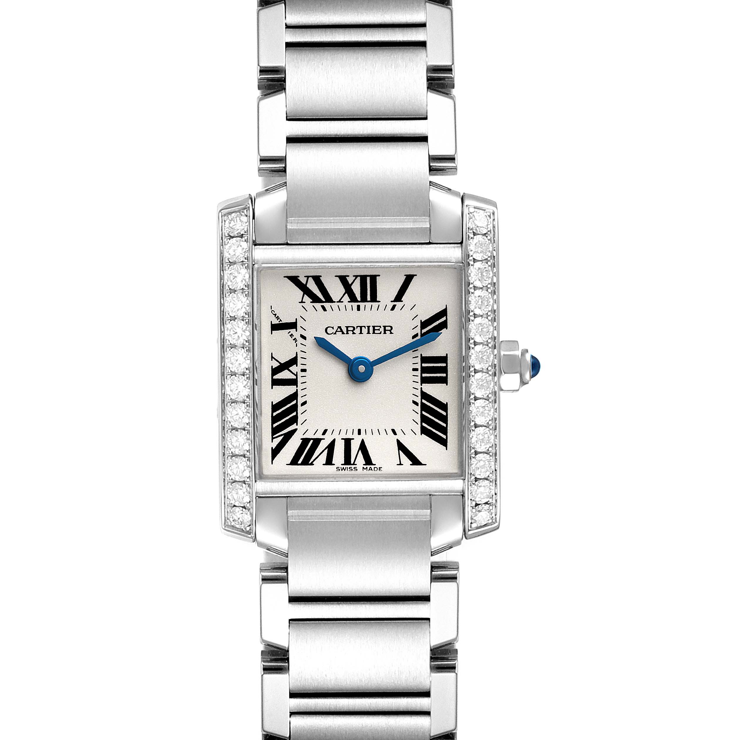 The Cartier Tank Francaise W4TA0008 Women
s Stainless Steel Silver Dial W4TA0008 Women
s Stainless Steel Silver Dial watch is shown from a top view, highlighting its face, bracelet, and jeweled bezel.