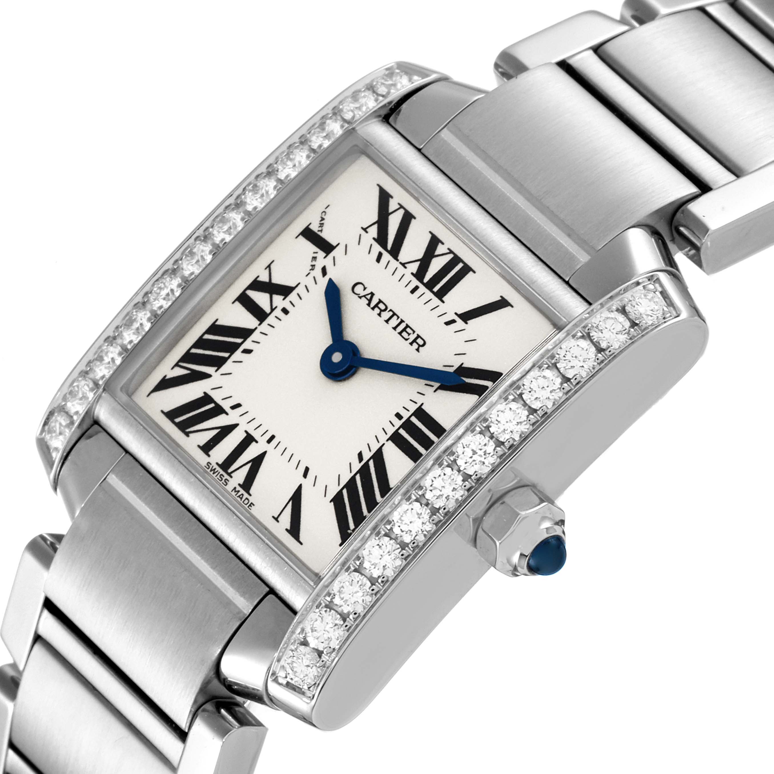 The image shows a close-up angled view of the Cartier Tank Francaise W4TA0008 Women
s Stainless Steel Silver Dial W4TA0008 Women
s Stainless Steel Silver Dial watch, highlighting the dial, bezel, and part of the bracelet.