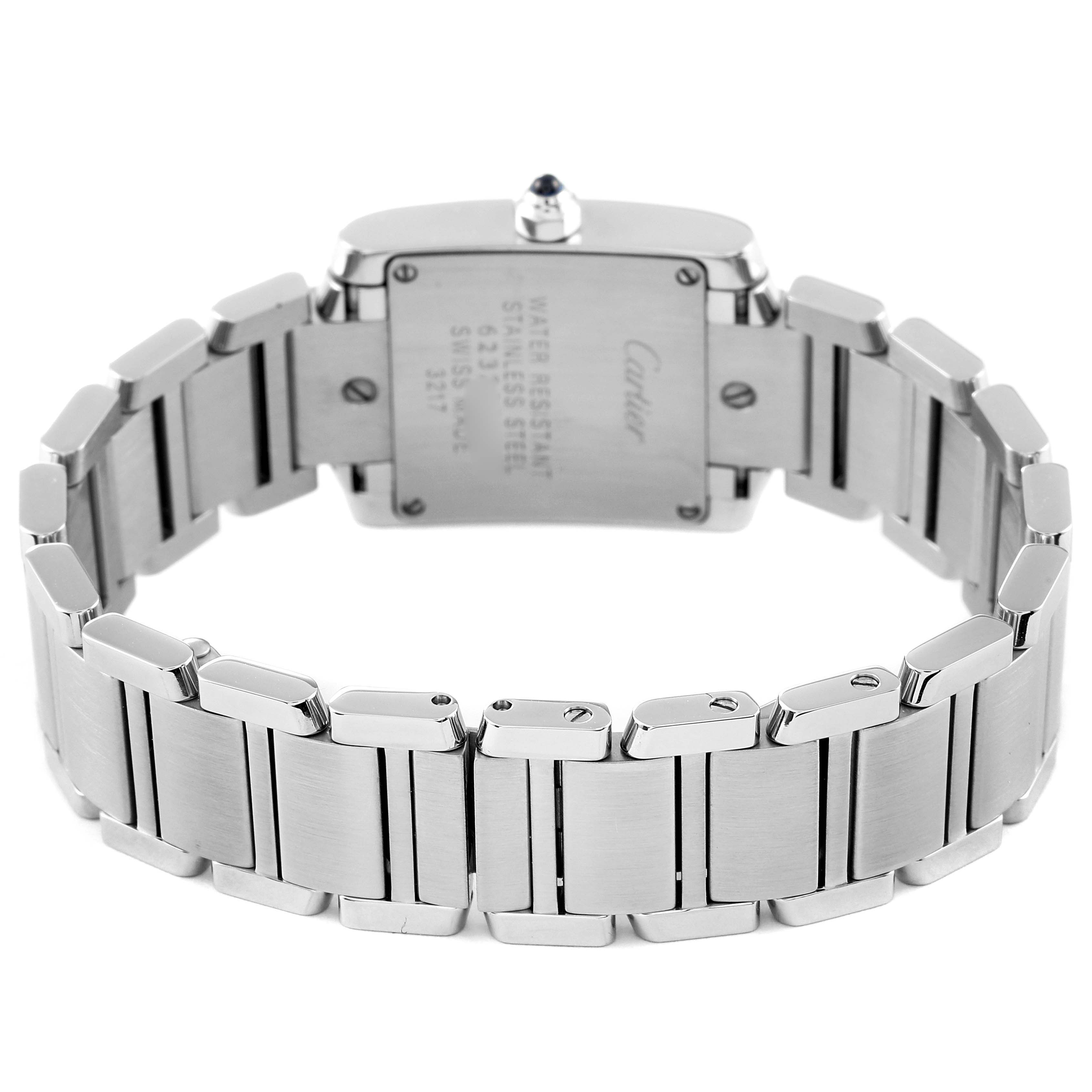 This image shows the back view of a Cartier Tank Francaise W4TA0008 Women
s Stainless Steel Silver Dial W4TA0008 Women
s Stainless Steel Silver Dial watch, highlighting the case back and stainless steel bracelet.