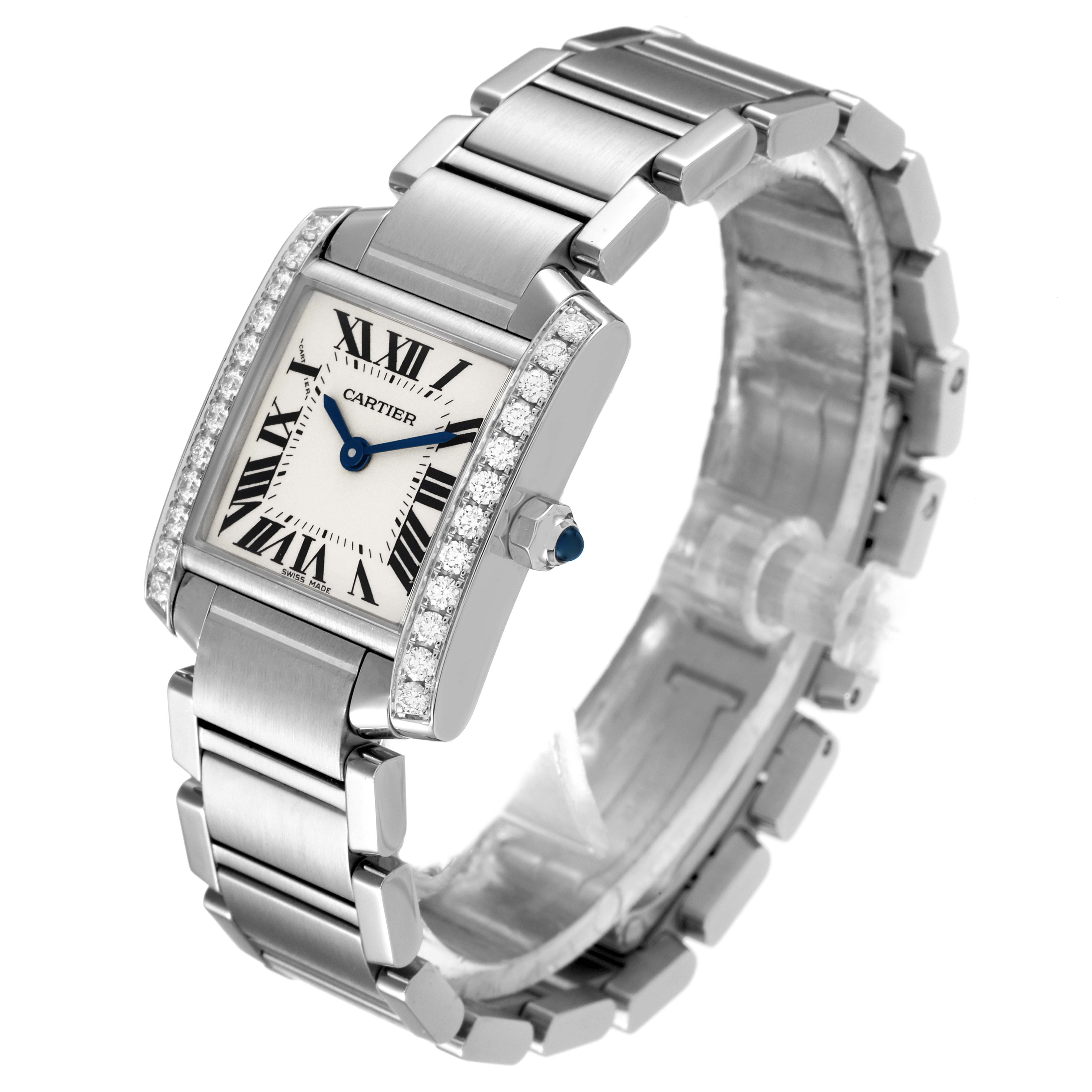 This image shows a Tank Francaise model by Cartier from a front angle, highlighting the dial, case, bezel, and bracelet.
