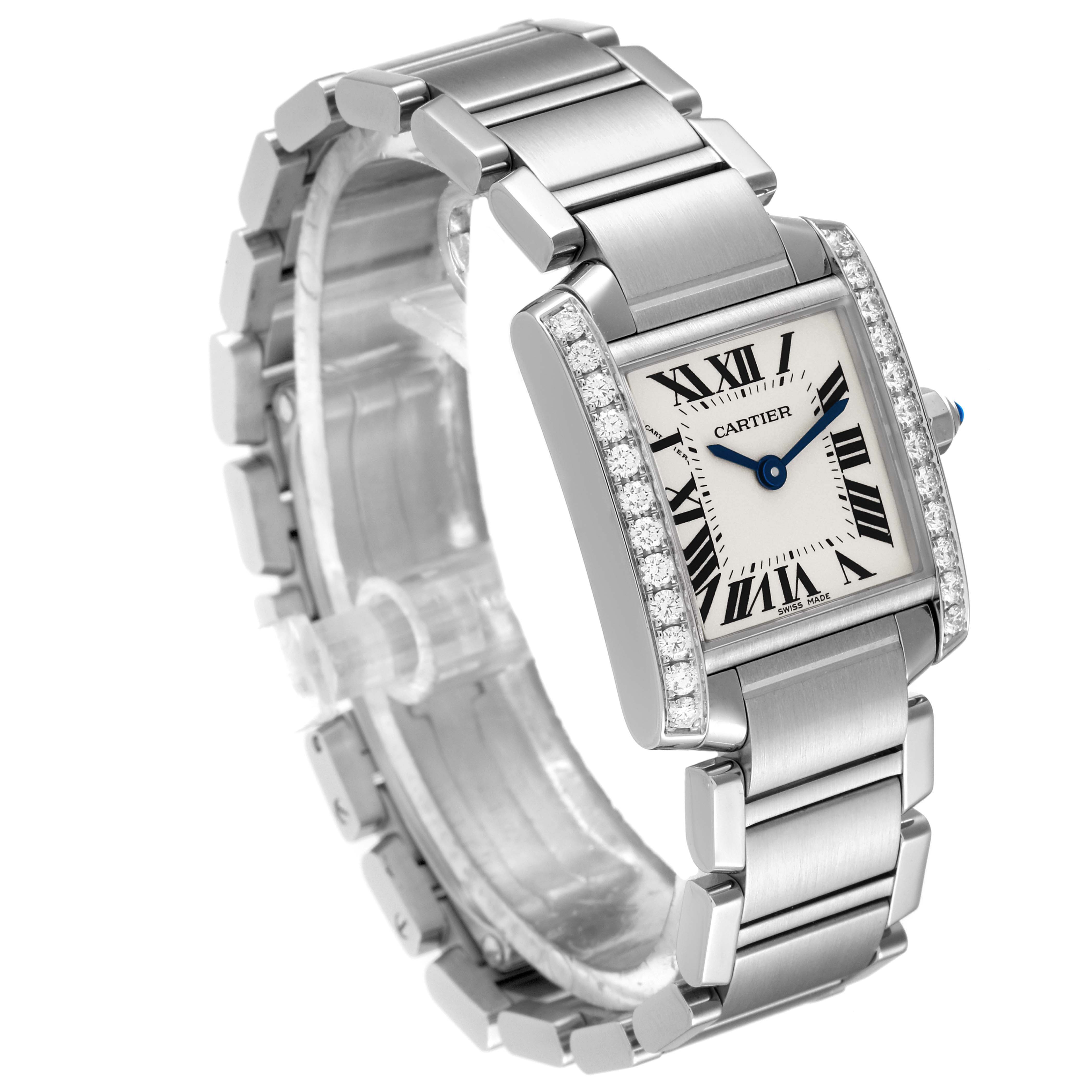 The image shows a Cartier Tank Française watch at a three-quarter angle, highlighting the bracelet and face with Roman numerals.