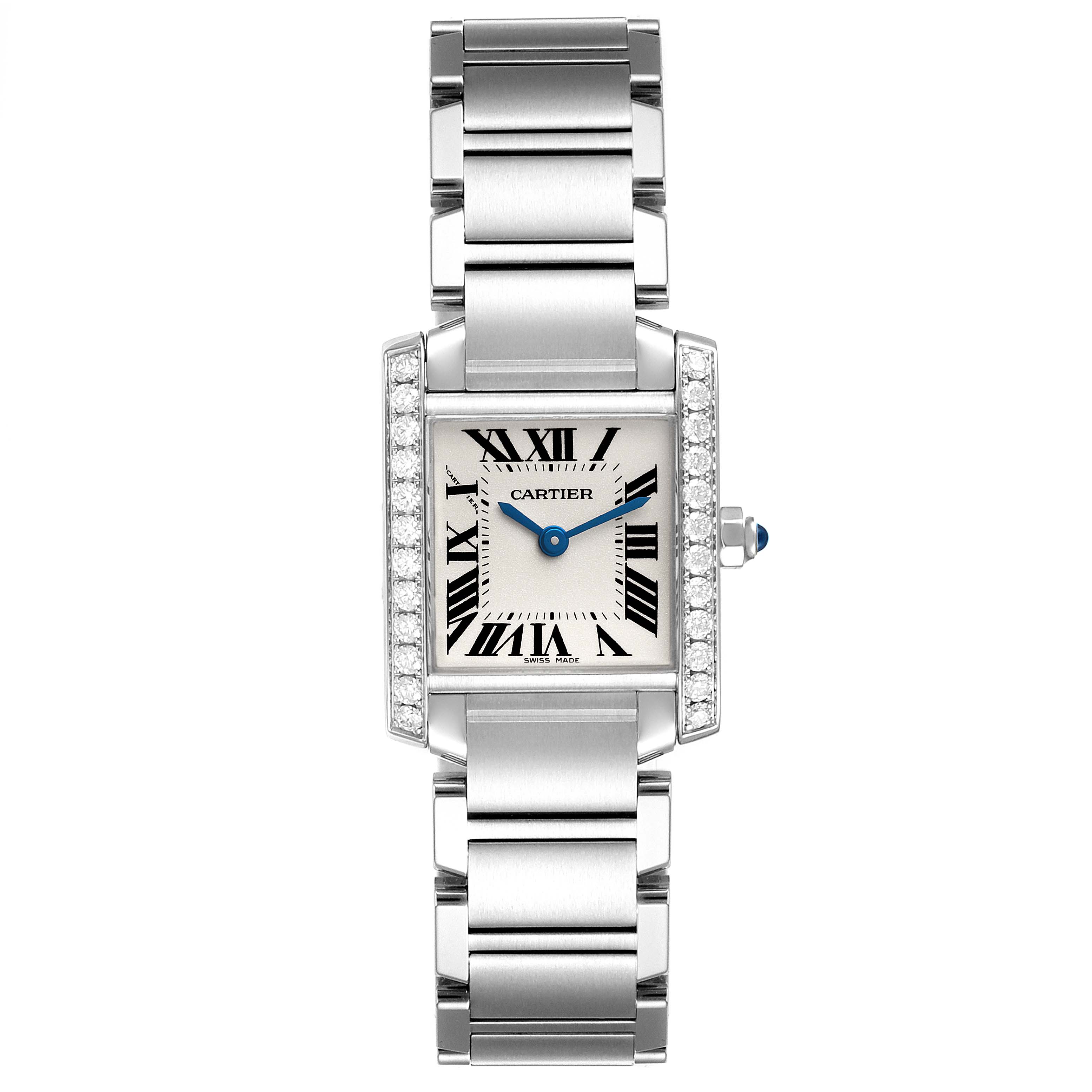 The image shows a front view of the Cartier Tank Française watch, highlighting its rectangular face, metal bracelet, and diamond accents.