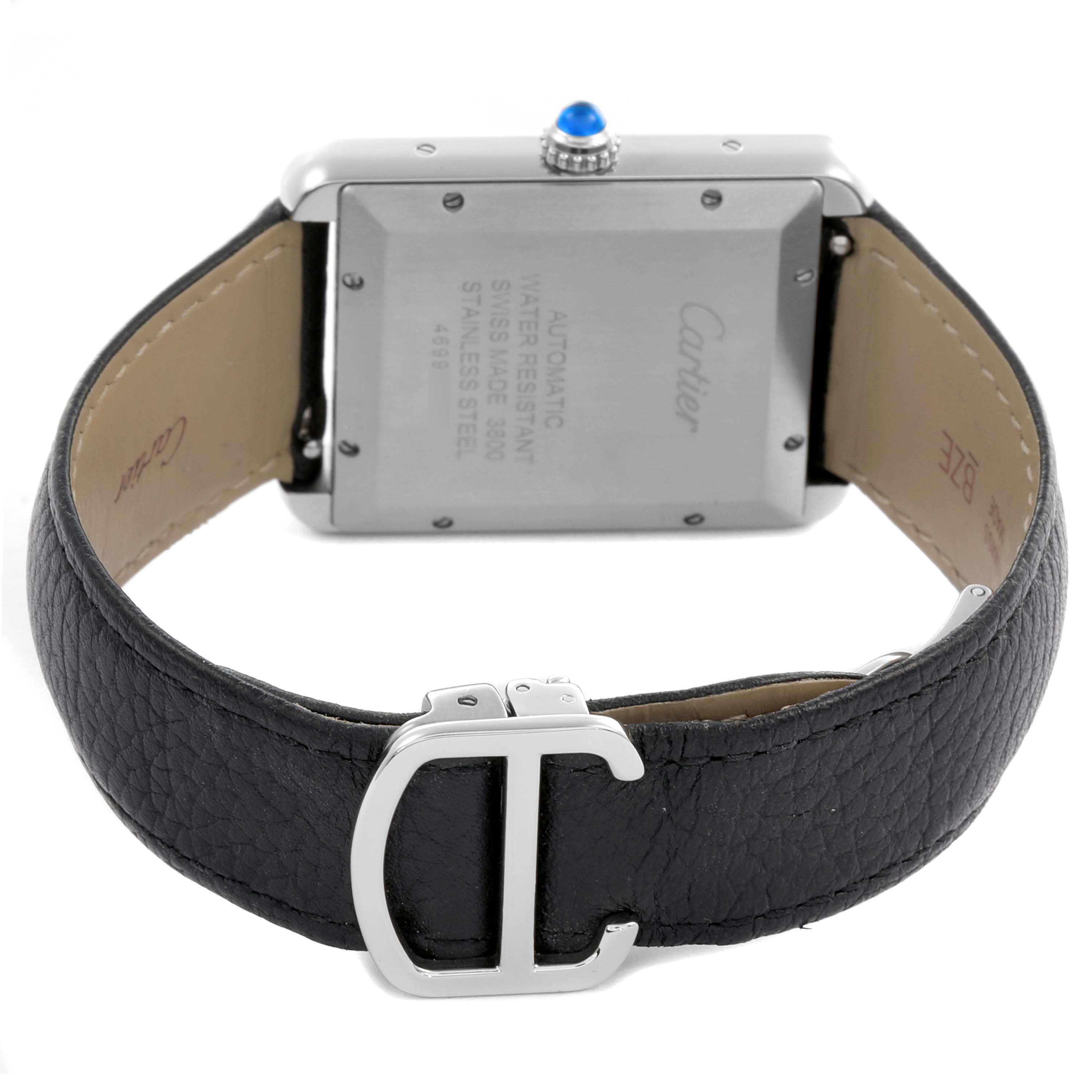 The image shows the back case of the Cartier Tank Solo WSTA0029 Men's Stainless Steel Silver Dial WSTA0029 Men's Stainless Steel Silver Dial watch, highlighting the leather strap and clasp.