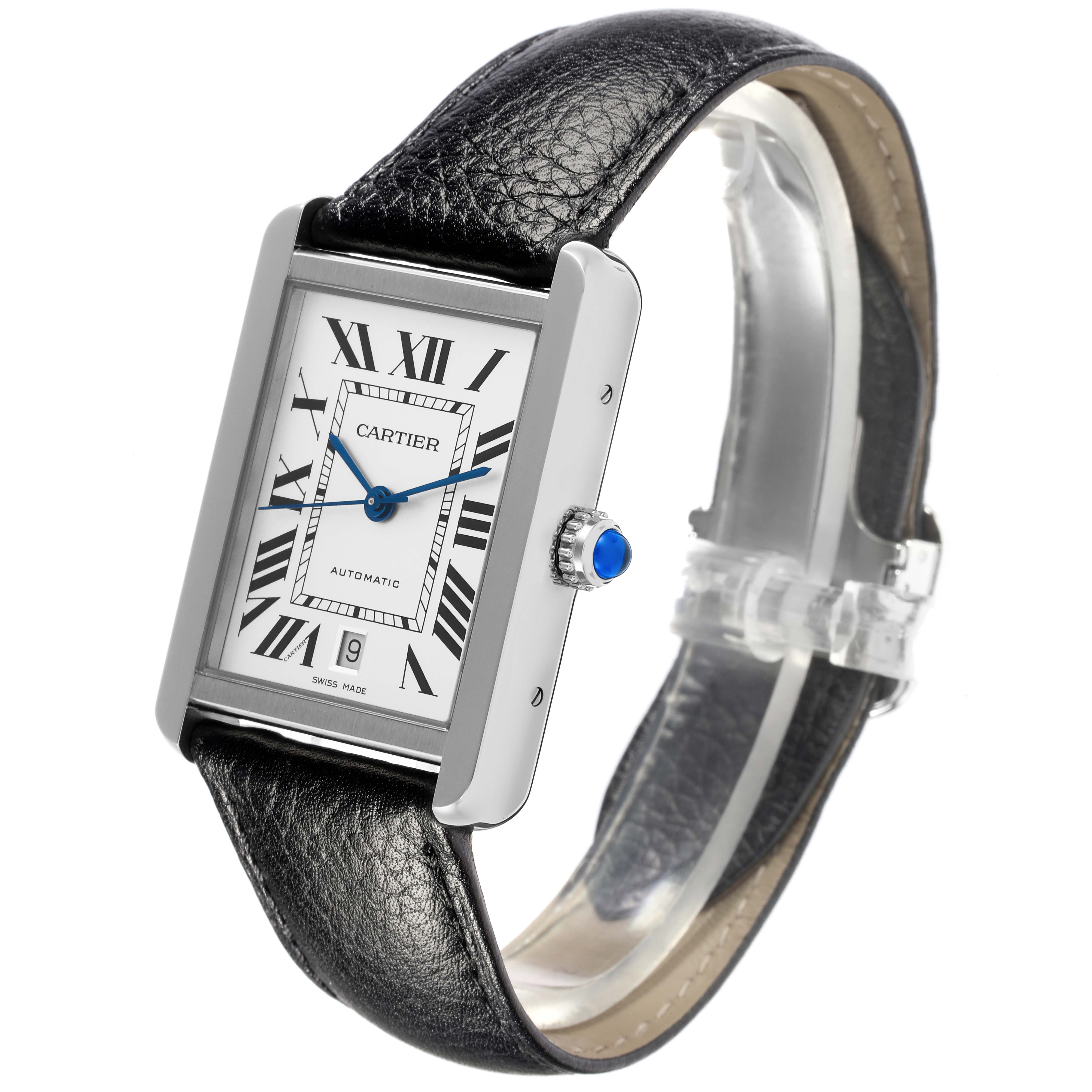 The Cartier Tank Solo WSTA0029 Men's Stainless Steel Silver Dial WSTA0029 Men's Stainless Steel Silver Dial watch is shown at a three-quarter angle, highlighting the face, crown, and leather strap.