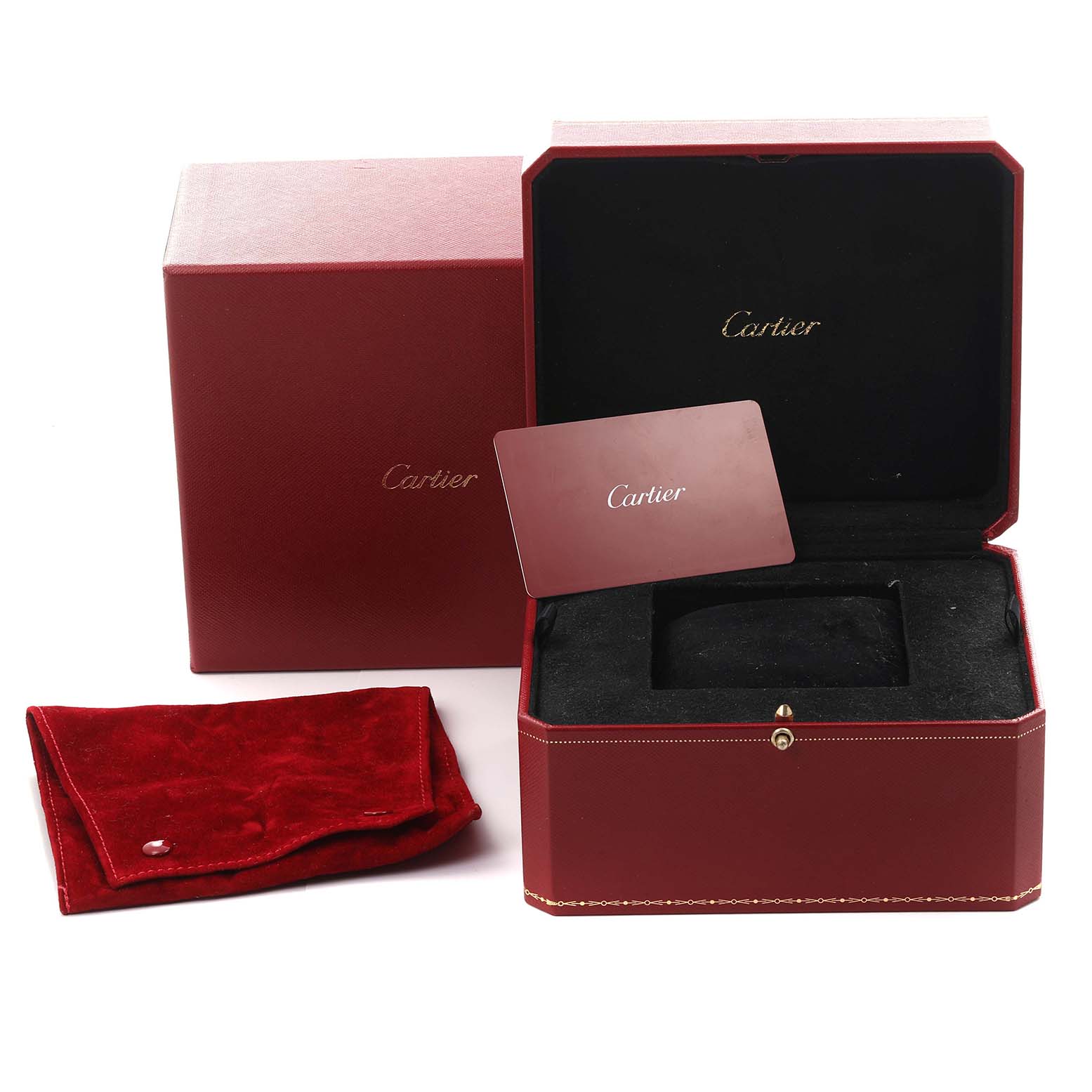 The image shows the Cartier Tank Solo WSTA0029 Men's Stainless Steel Silver Dial WSTA0029 Men's Stainless Steel Silver Dial watch packaging, including a box, card, and pouch, viewed from the front.