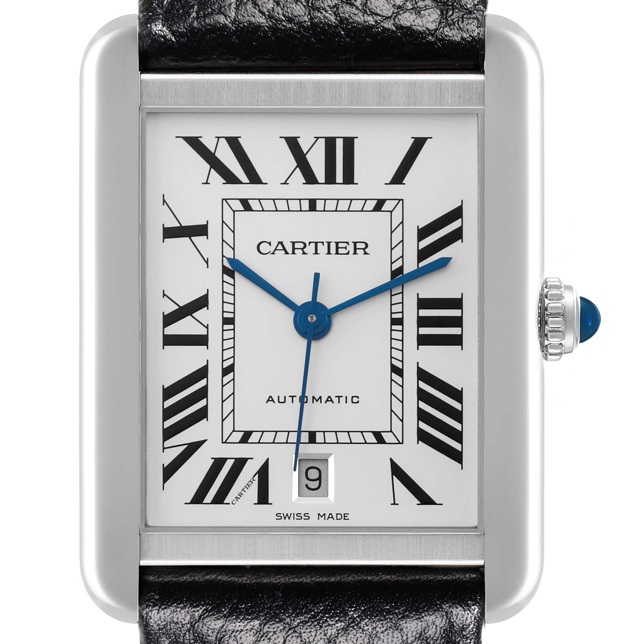 The Cartier Tank Solo WSTA0029 Men's Stainless Steel Silver Dial WSTA0029 Men's Stainless Steel Silver Dial watch is shown from the front highlighting its face, dial, and crown.
