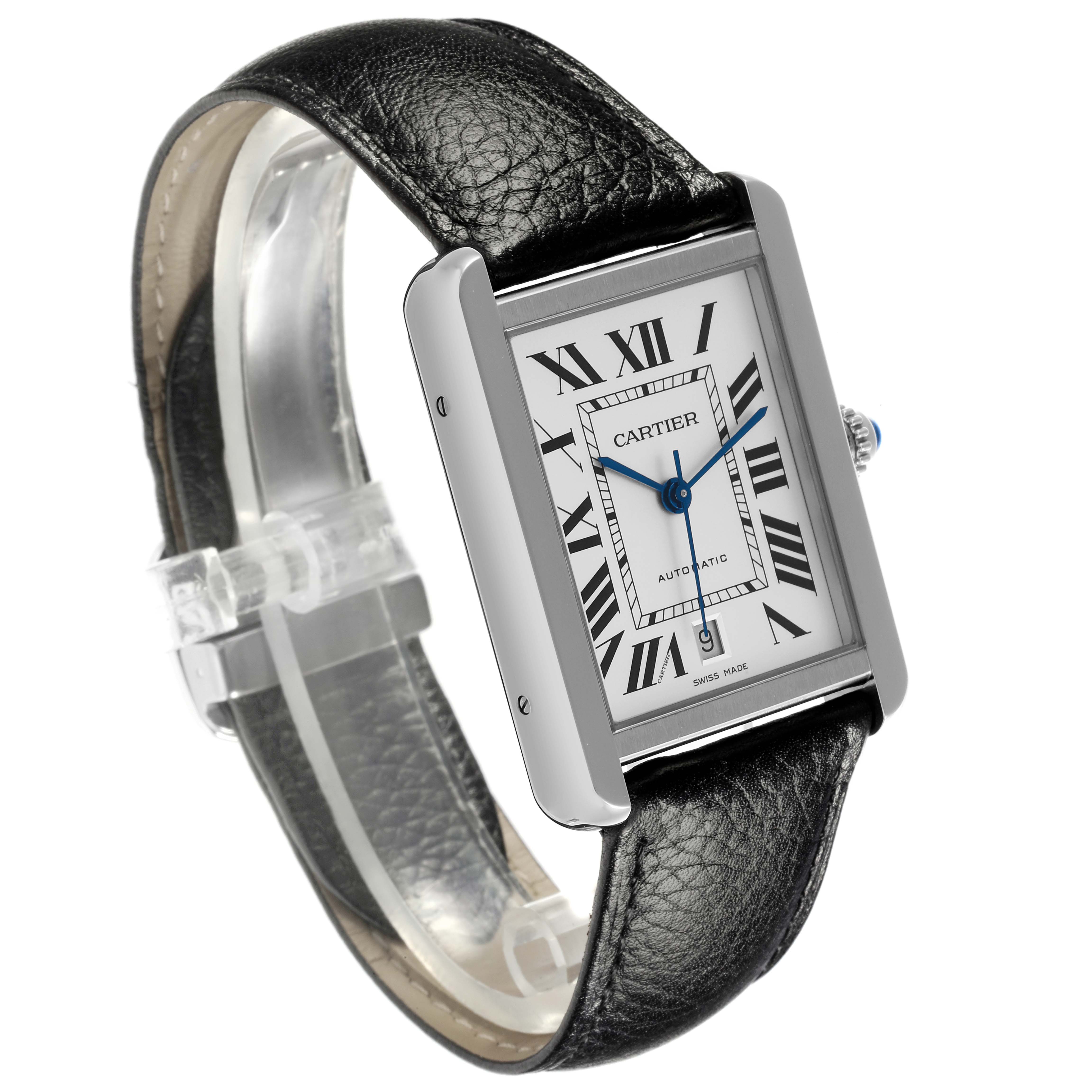 The Cartier Tank Solo WSTA0029 Men's Stainless Steel Silver Dial WSTA0029 Men's Stainless Steel Silver Dial watch is shown at a three-quarter angle, highlighting its face, leather strap, and silver sides.