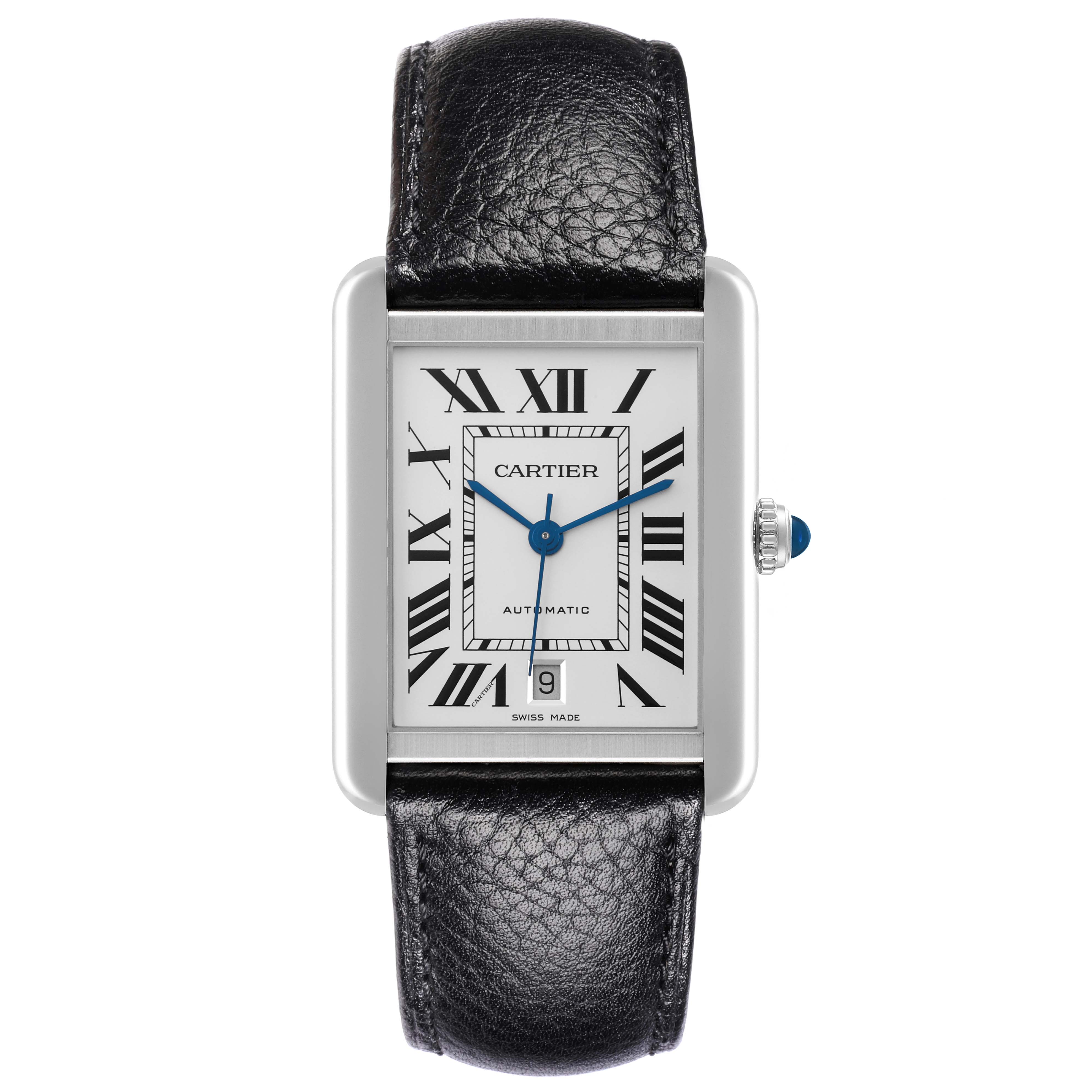 The Cartier Tank Solo WSTA0029 Men's Stainless Steel Silver Dial WSTA0029 Men's Stainless Steel Silver Dial watch is shown from the front, highlighting its rectangular face and black leather strap.