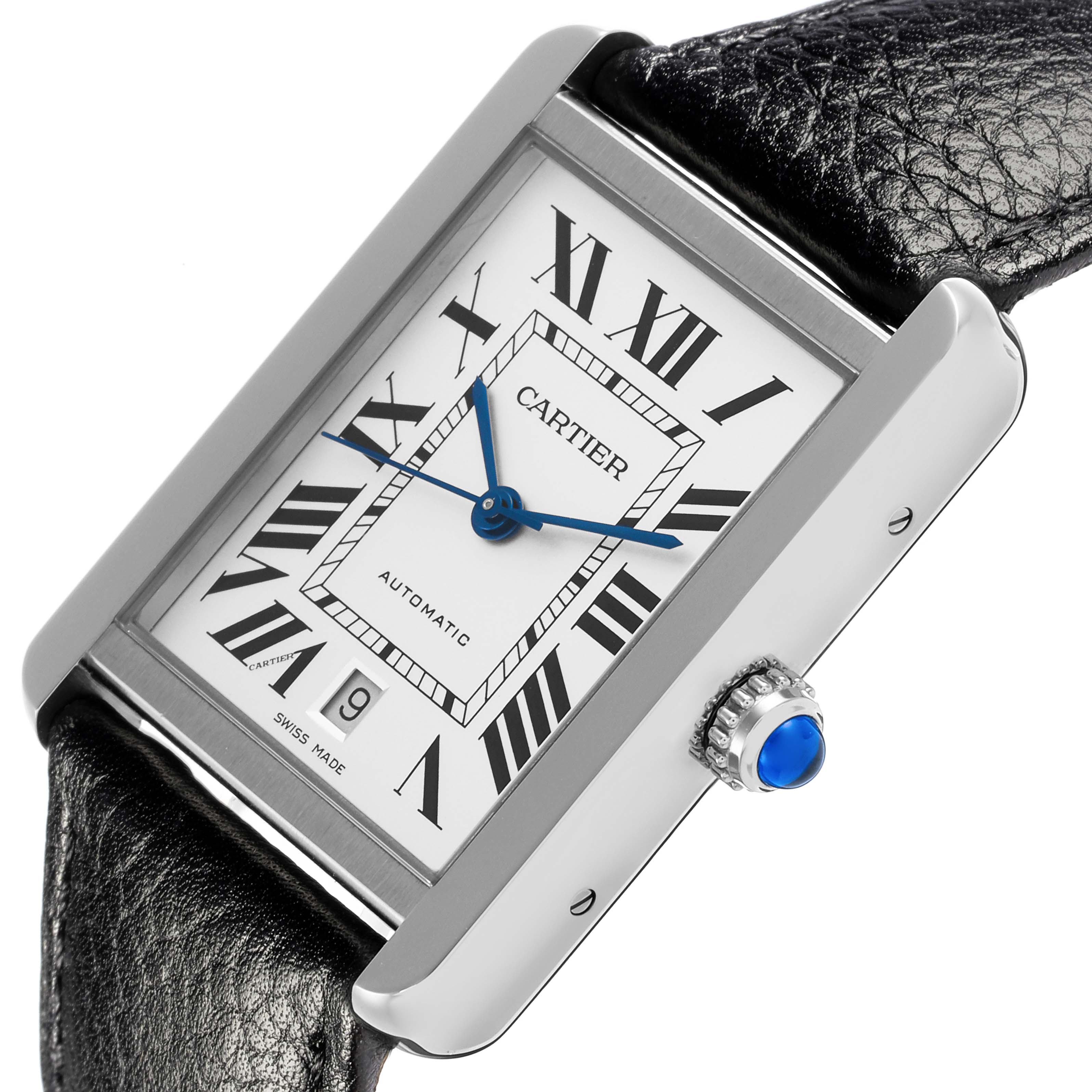 The Cartier Tank Solo WSTA0029 Men's Stainless Steel Silver Dial WSTA0029 Men's Stainless Steel Silver Dial watch is shown at a slight angle, highlighting the face, crown, and leather strap.
