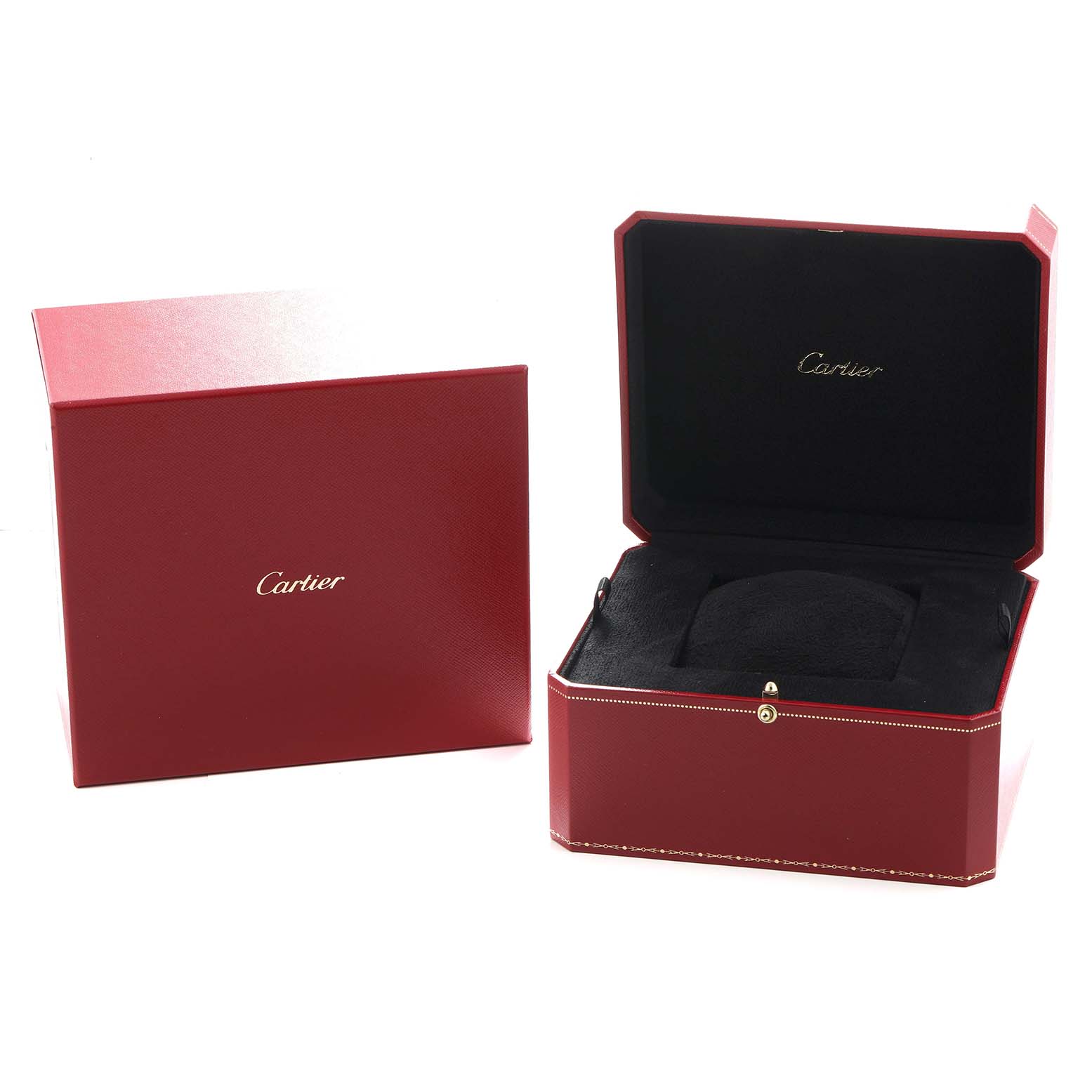 The image shows a Cartier Tortue WA501008 Women's Rose Gold Silver Dial watch box set with an open presentation case and a closed outer box.