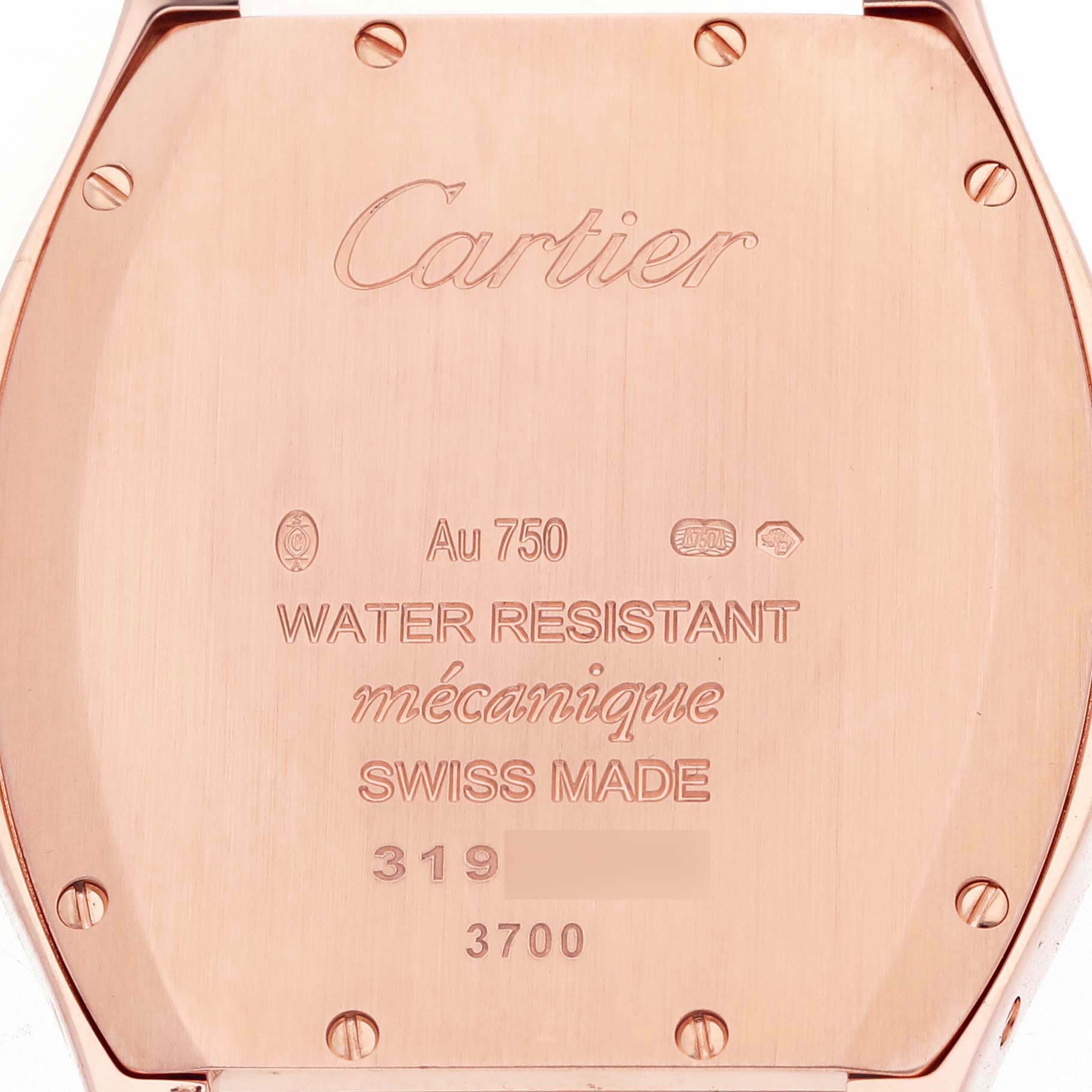 The image shows the back case of a Cartier Tortue WA501008 Women's Rose Gold Silver Dial watch, highlighting its engravings and water resistance specification.
