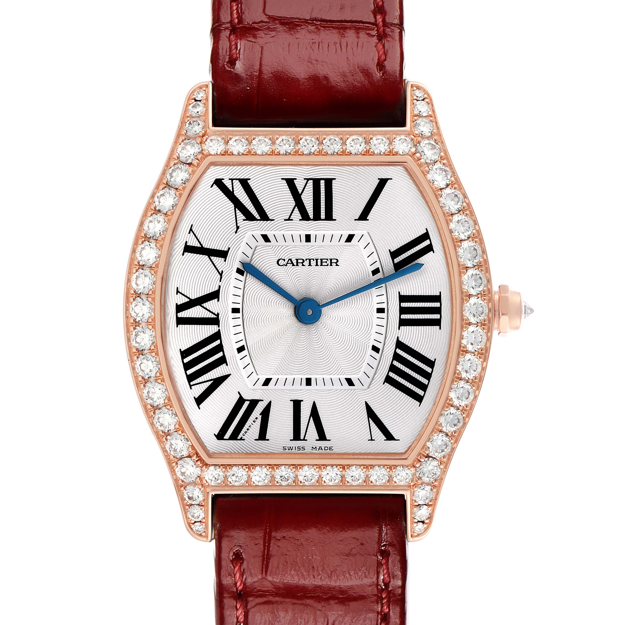 The Cartier Tortue WA501008 Women's Rose Gold Silver Dial watch is shown from a top-down angle, highlighting its diamond-encrusted bezel and Roman numeral dial.