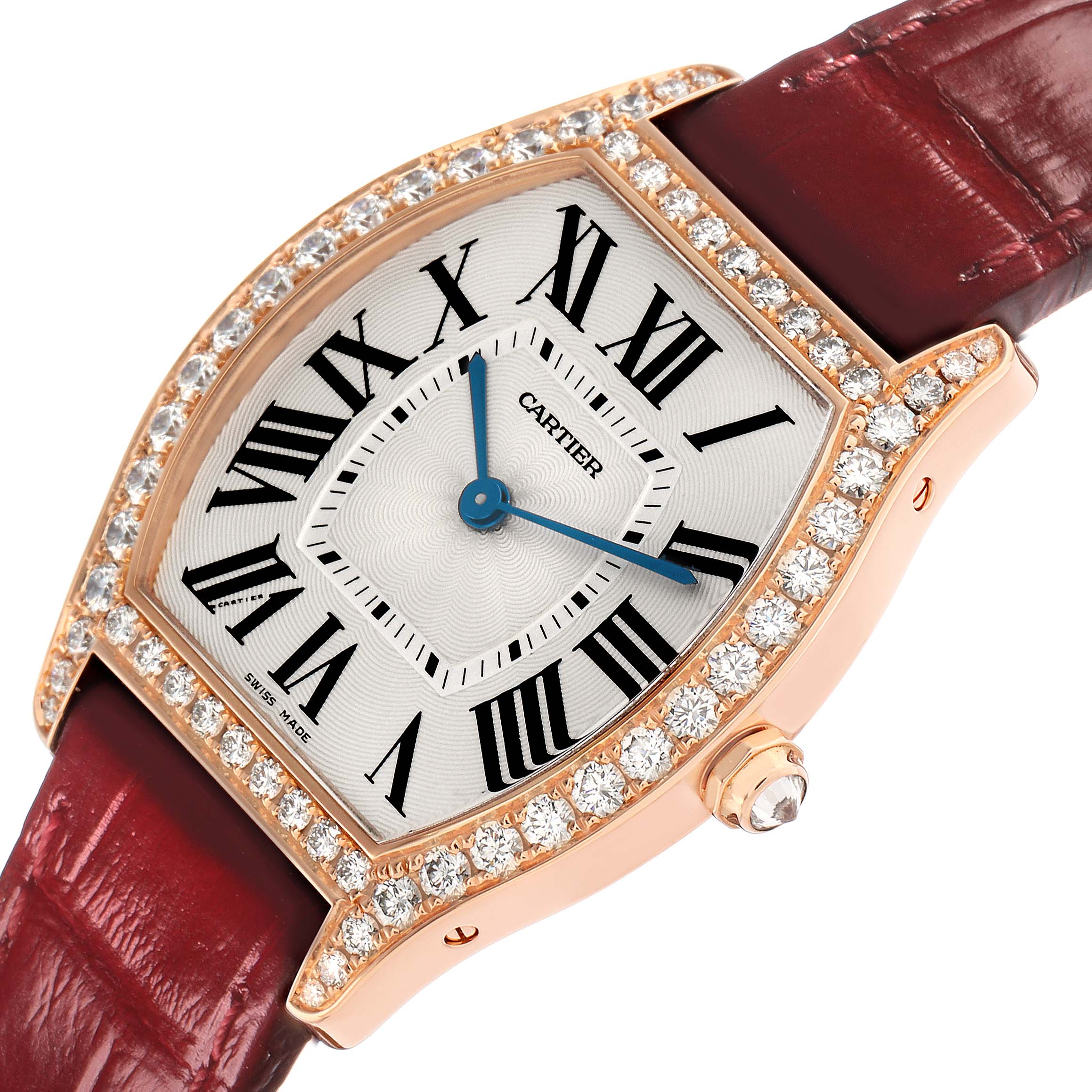 The Cartier Tortue WA501008 Women's Rose Gold Silver Dial watch is shown at an angled close-up, highlighting the diamond-studded bezel, dial, and crown.