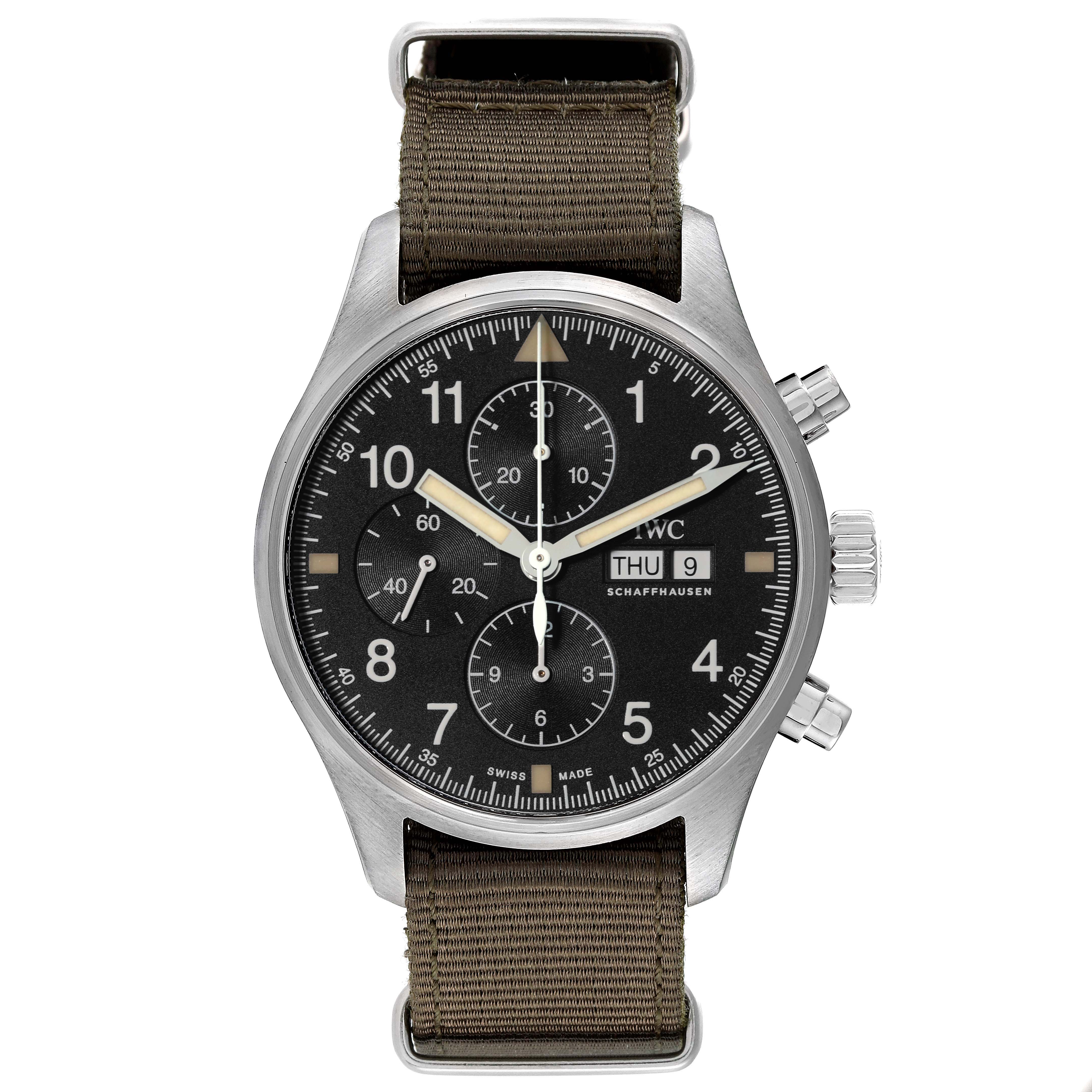 The IWC Pilot IW377724 Men's Stainless Steel Black Dial IW377724 Men's Stainless Steel Black Dial model watch is shown from a front angle, displaying the dial, hands, subdials, crown, pushers, and strap.