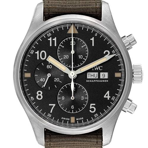 Photo of IWC Spitfire Pilot Steel Black Dial Chronograph Mens Watch IW377724 Box Card