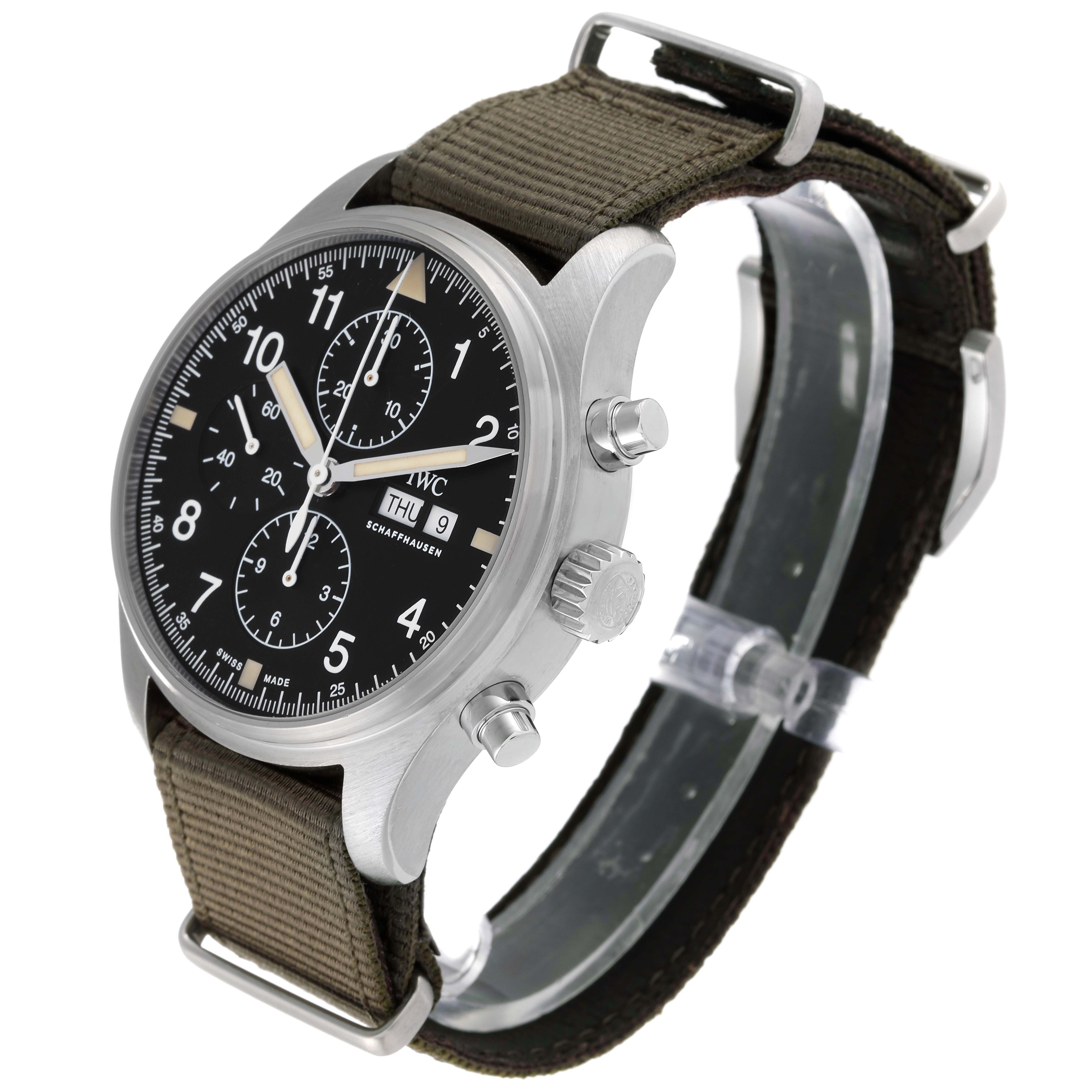 The IWC Pilot IW377724 Men's Stainless Steel Black Dial IW377724 Men's Stainless Steel Black Dial watch is shown at an angled side view, displaying the face, crown, chronograph pushers, and strap.