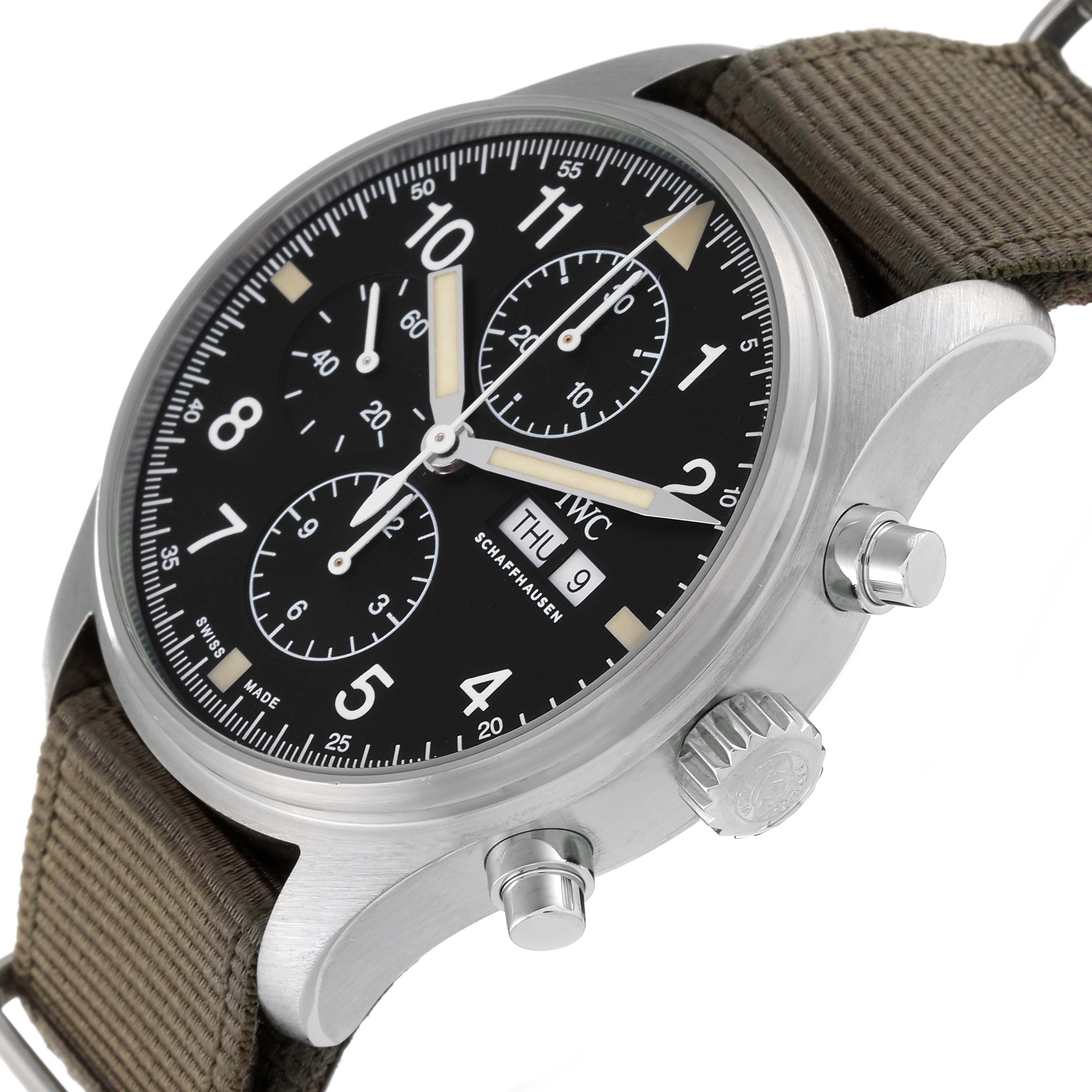 This IWC Pilot IW377724 Men's Stainless Steel Black Dial IW377724 Men's Stainless Steel Black Dial watch is shown at an angled side view, highlighting the dial, crown, pushers, and part of the strap.