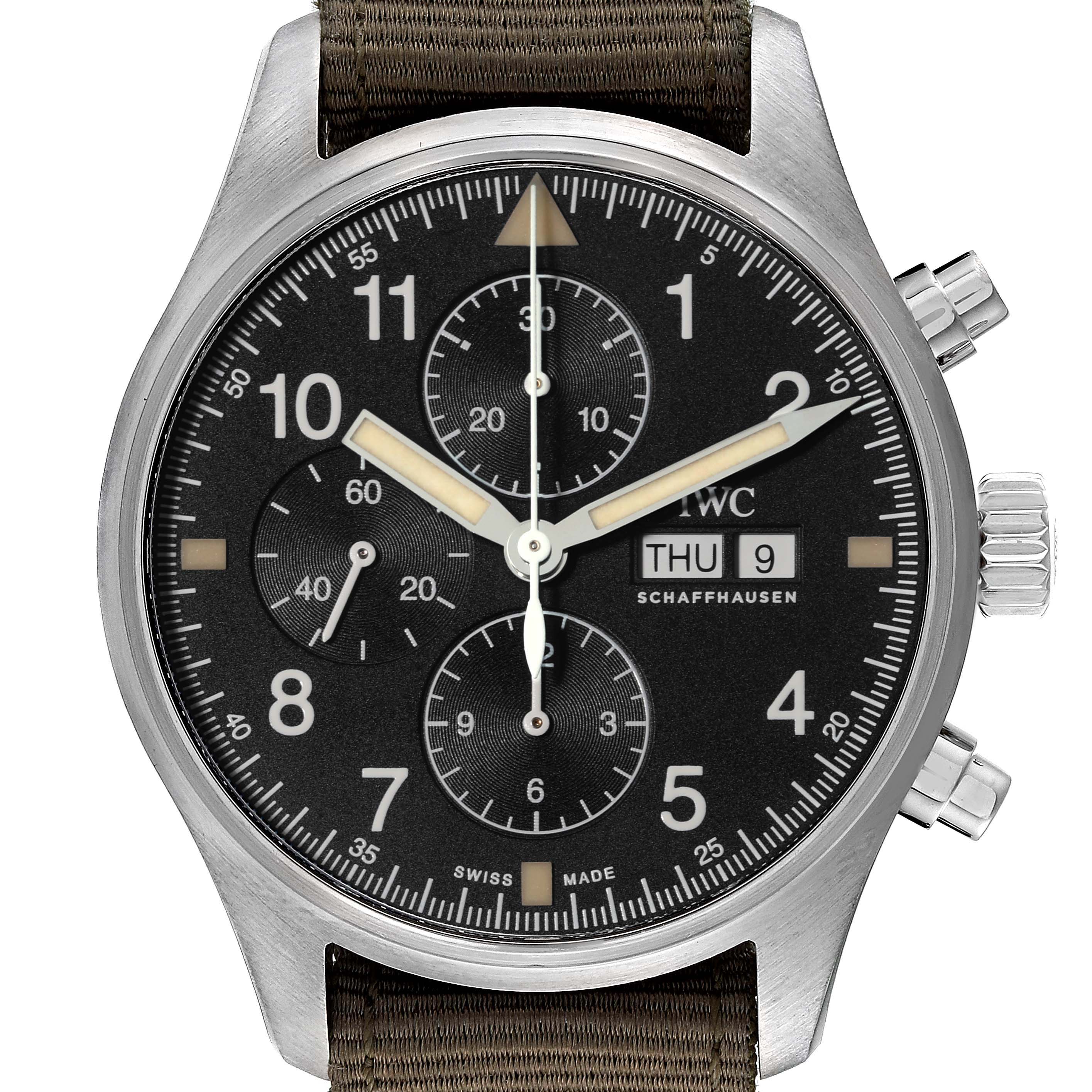 The image shows a front view of the IWC Pilot IW377724 Men's Stainless Steel Black Dial IW377724 Men's Stainless Steel Black Dial model watch, highlighting the dial, hands, subdials, crown, and pushers.