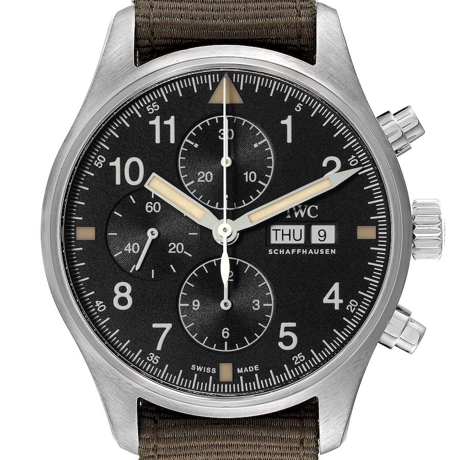 IWC Spitfire Pilot Steel Black Dial Chronograph Mens Watch IW377724 Box Card SwissWatchExpo
