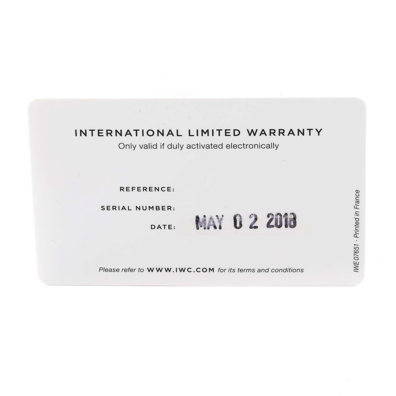 This image shows the International Limited Warranty card for the IWC Pilot IW377724 Men's Stainless Steel Black Dial IW377724 Men's Stainless Steel Black Dial model watch.