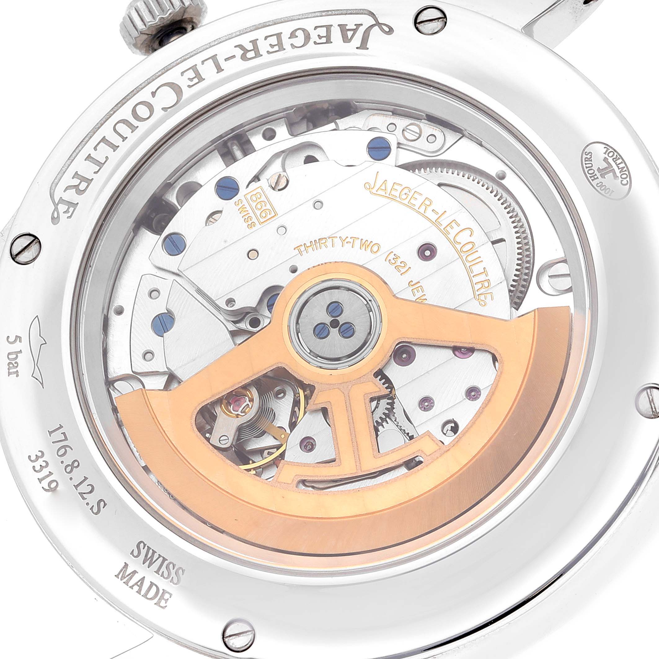 The image shows the backside of a Jaeger-LeCoultre Master model watch, highlighting its exposed movement and intricate workings.