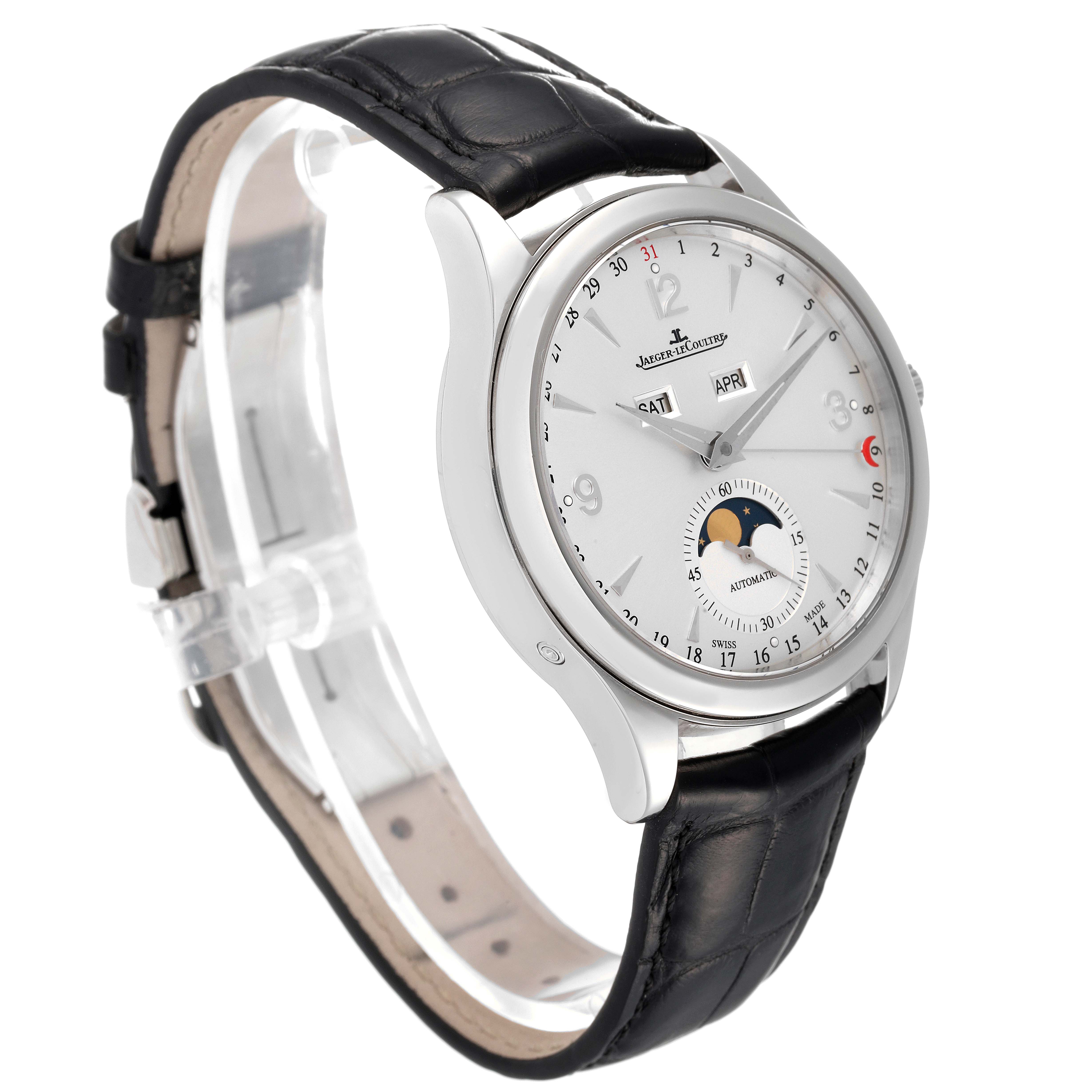 The Jaeger LeCoultre Master 176.8.12.S Q1558420 Men's Stainless Steel Silver Dial 176.8.12.S Q1558420 Men's Stainless Steel Silver Dial watch is shown at a three-quarter angle, displaying its face, dial details, and black leather strap.