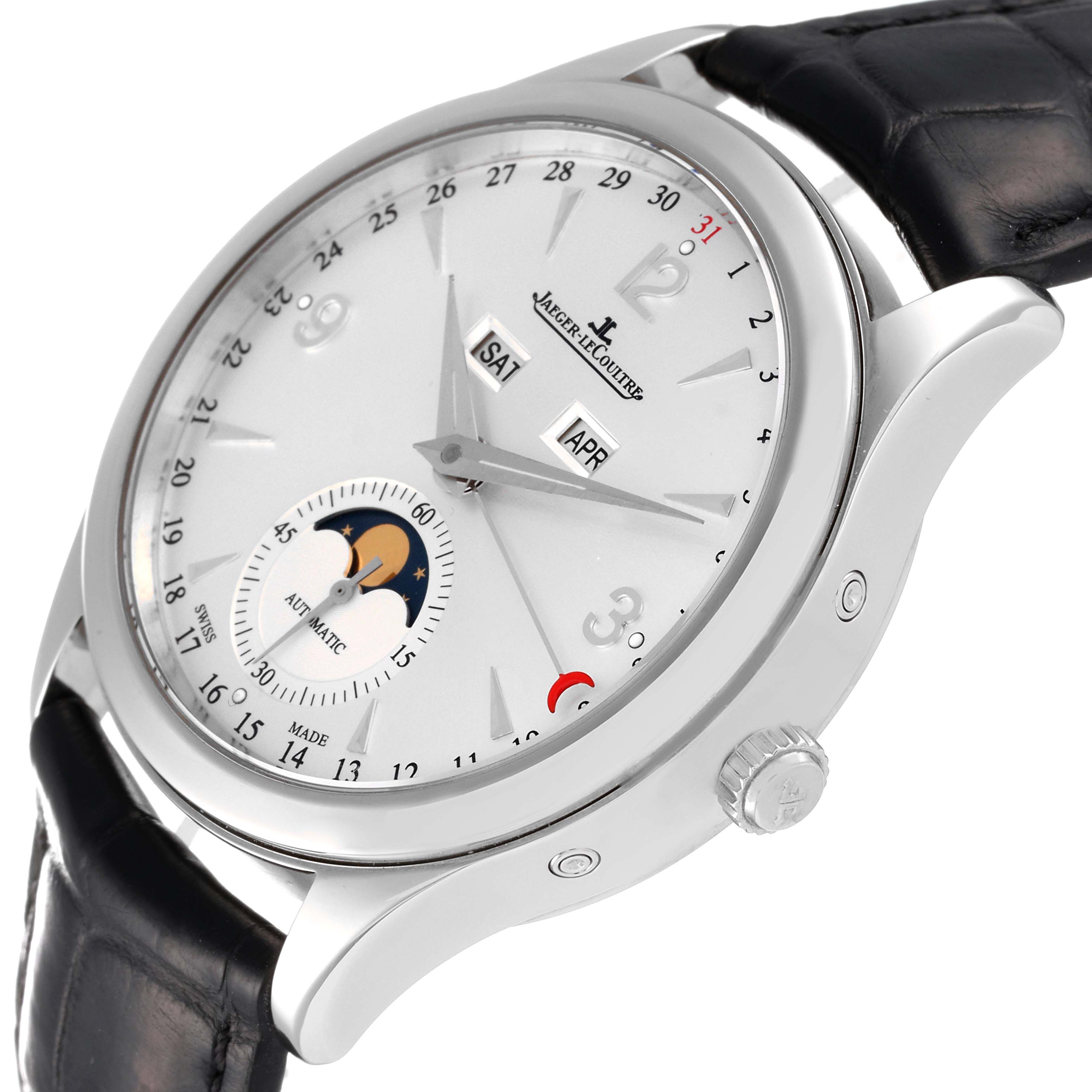 The image shows a side angle of the Jaeger LeCoultre Master 176.8.12.S Q1558420 Men's Stainless Steel Silver Dial 176.8.12.S Q1558420 Men's Stainless Steel Silver Dial watch, highlighting its dial, crown, and leather strap.