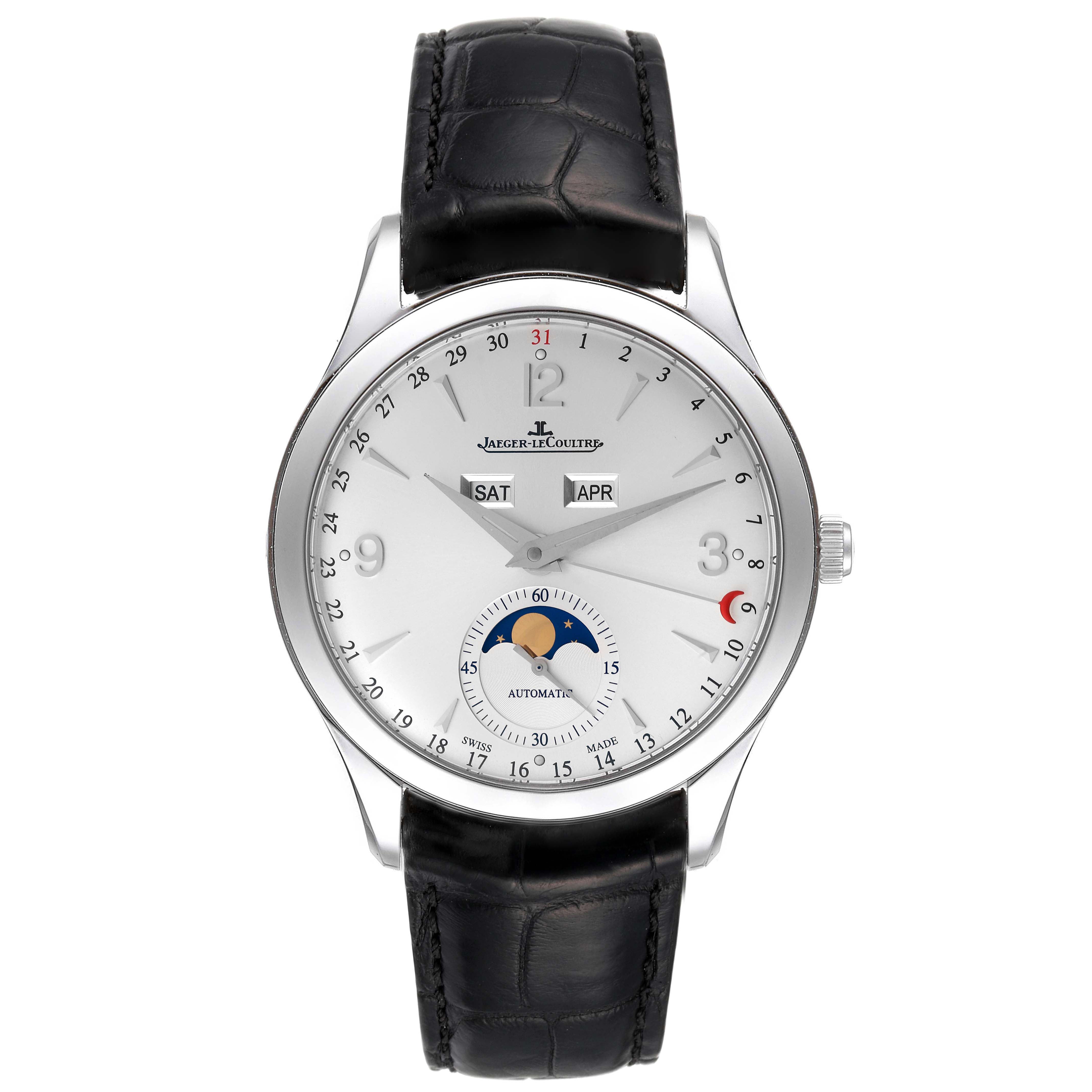 This image shows a front view of the Jaeger-LeCoultre Master model watch, displaying the dial, hands, date, day, month, and moon phase indicators.