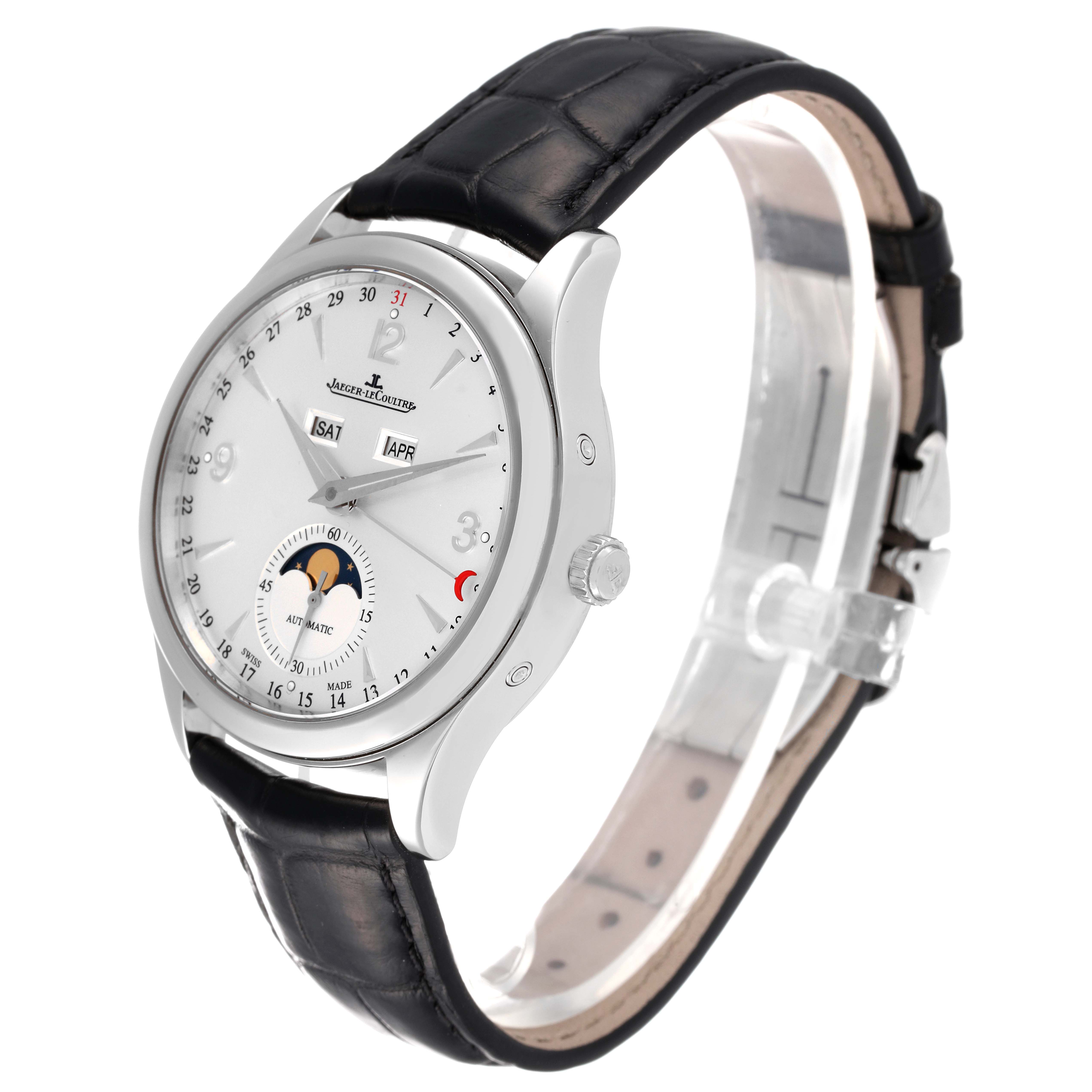 This image shows a Jaeger LeCoultre Master 176.8.12.S Q1558420 Men's Stainless Steel Silver Dial 176.8.12.S Q1558420 Men's Stainless Steel Silver Dial watch at an angled view, highlighting the face, crown, and leather strap.