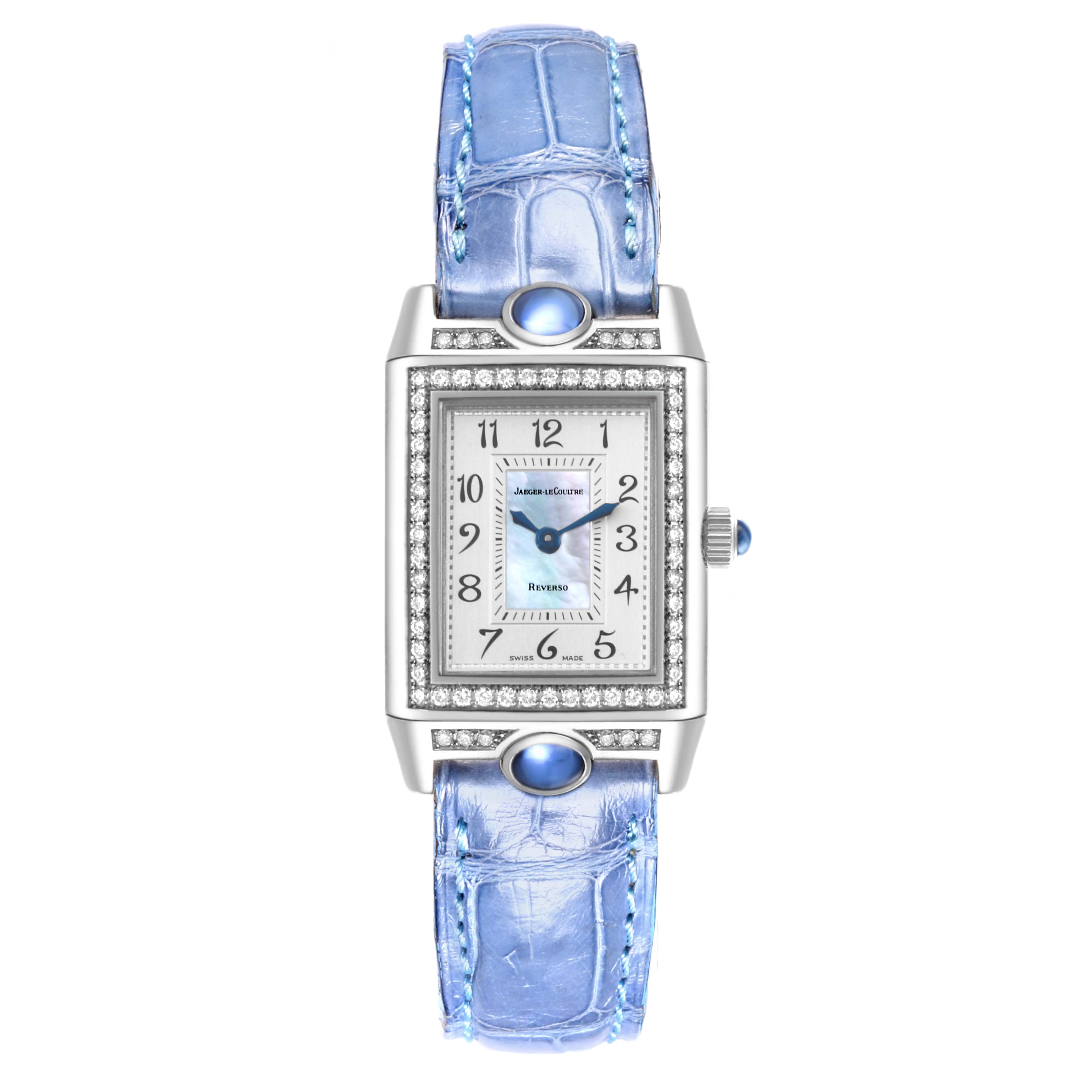 This Jaeger-LeCoultre Reverso model is shown from the front, displaying its face, bezel, and blue leather strap.