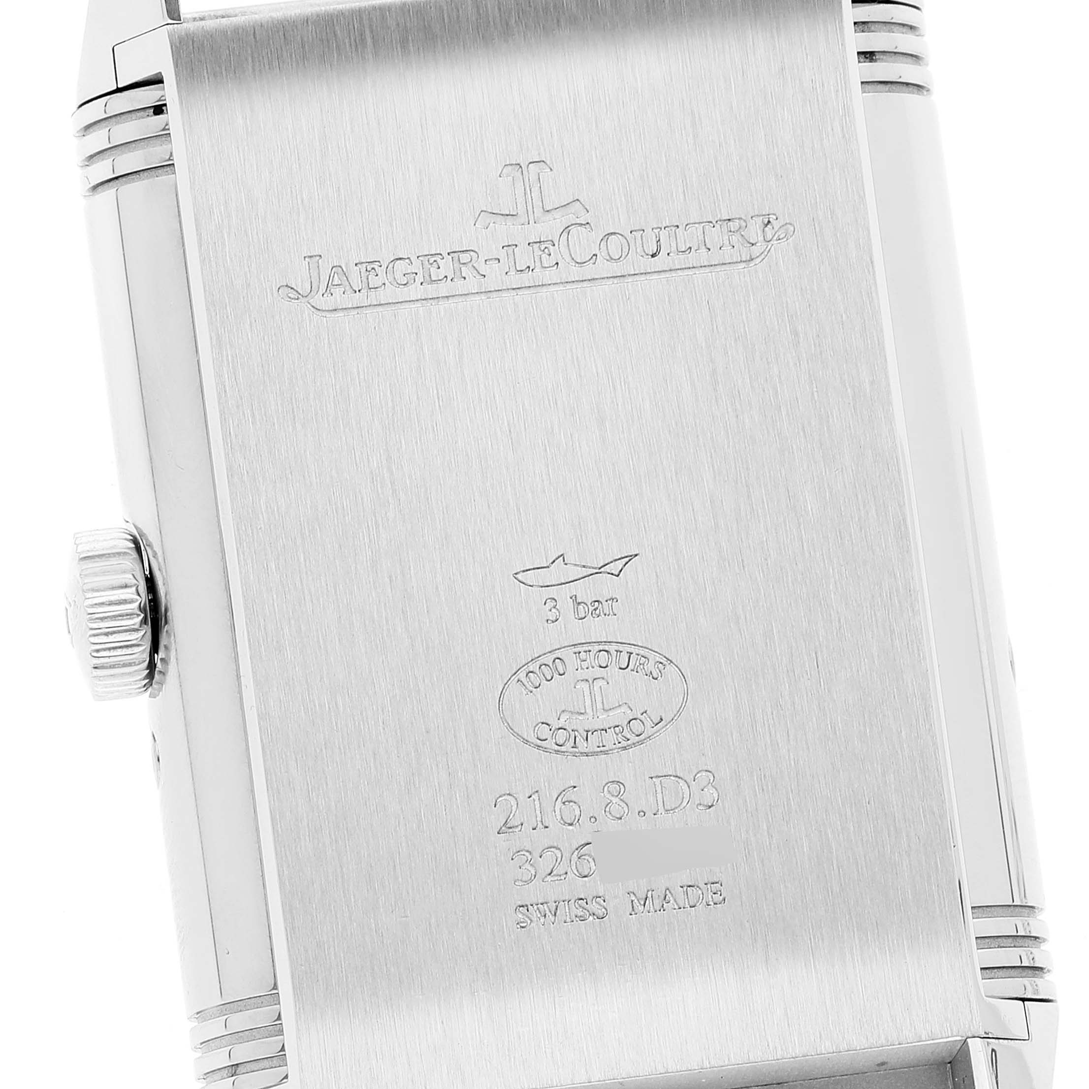 This image shows the case back of a Jaeger-LeCoultre Reverso watch at a close-up angle.