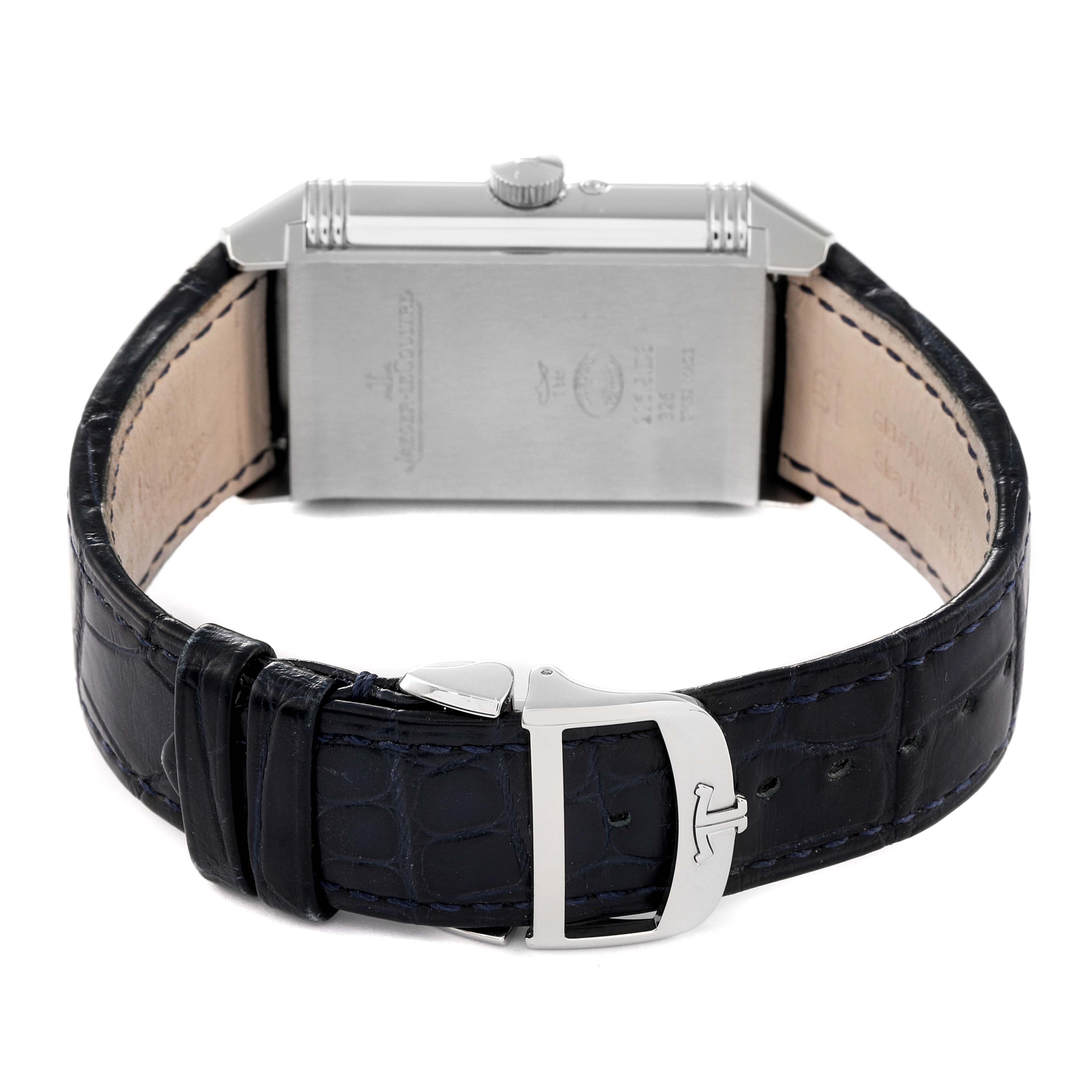 This image shows the back and strap of the Jaeger LeCoultre Reverso Q3958420 Men's Stainless Steel Blue Dial Q3958420 Men's Stainless Steel Blue Dial watch, highlighting the clasp and engraved case.