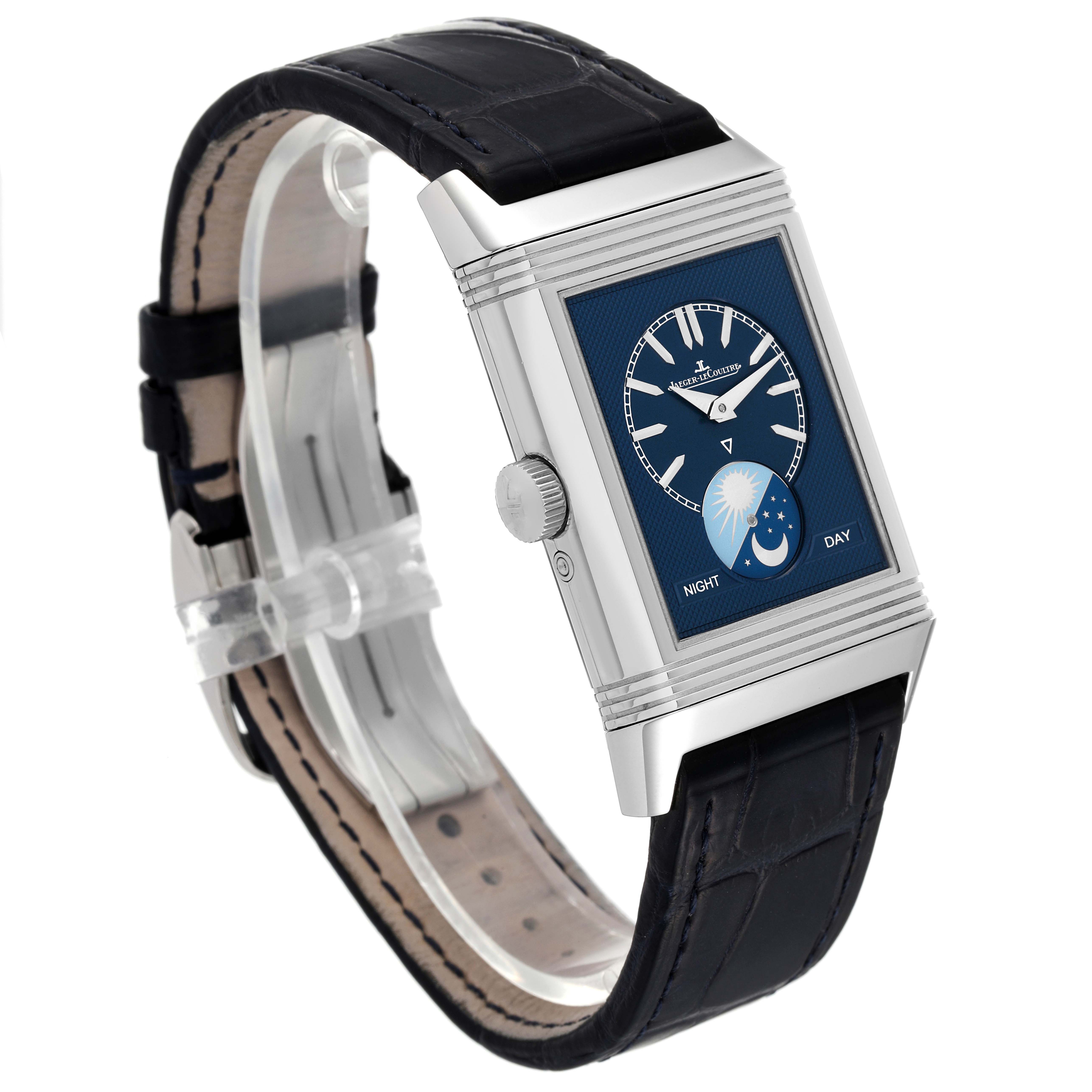 The image shows a Jaeger LeCoultre Reverso Q3958420 Men's Stainless Steel Blue Dial Q3958420 Men's Stainless Steel Blue Dial watch at a three-quarter angle, highlighting its face, crown, and strap.