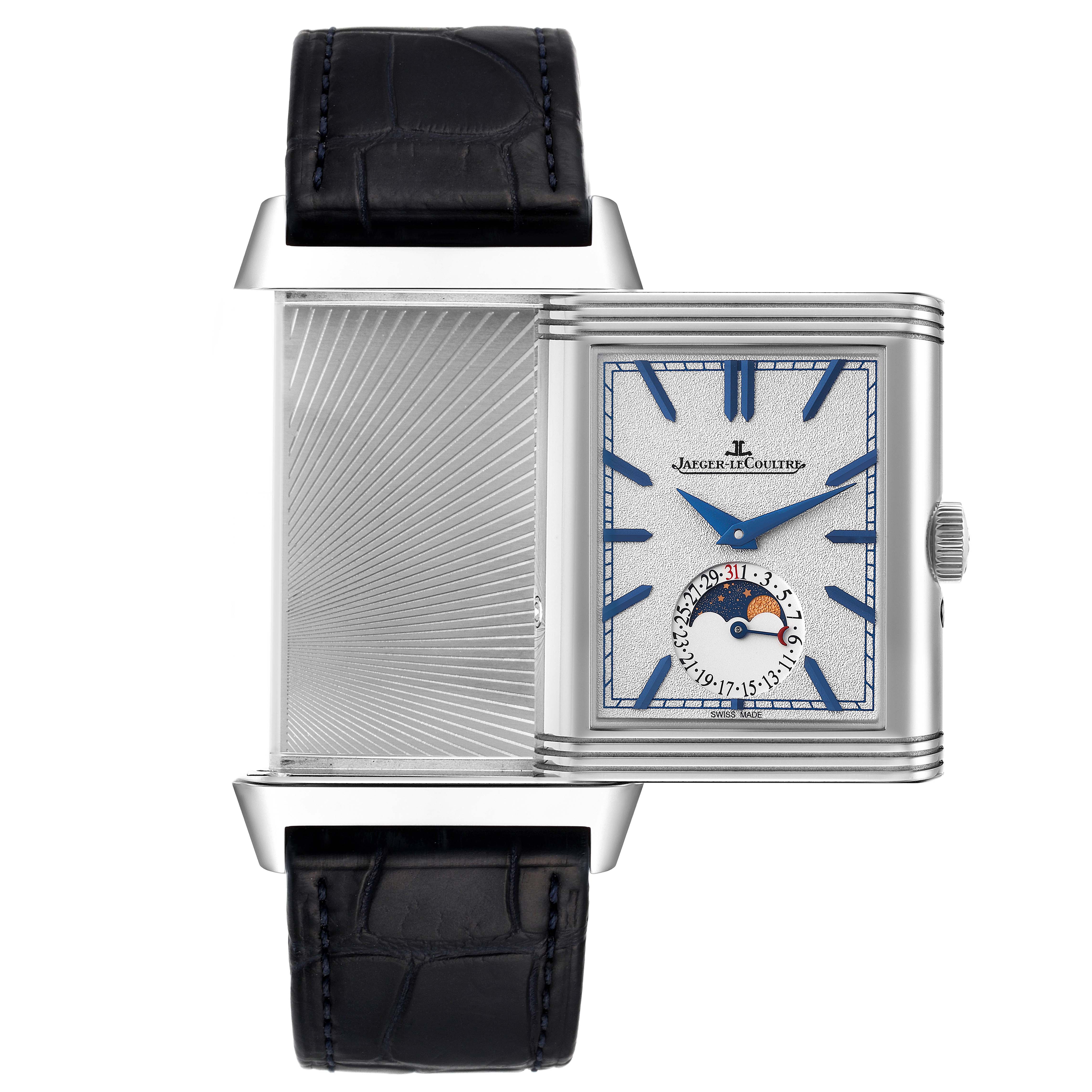 This image shows the Jaeger LeCoultre Reverso Q3958420 Men's Stainless Steel Blue Dial Q3958420 Men's Stainless Steel Blue Dial watch with its dial partially rotated and the right-side case visible, including a moon phase complication.