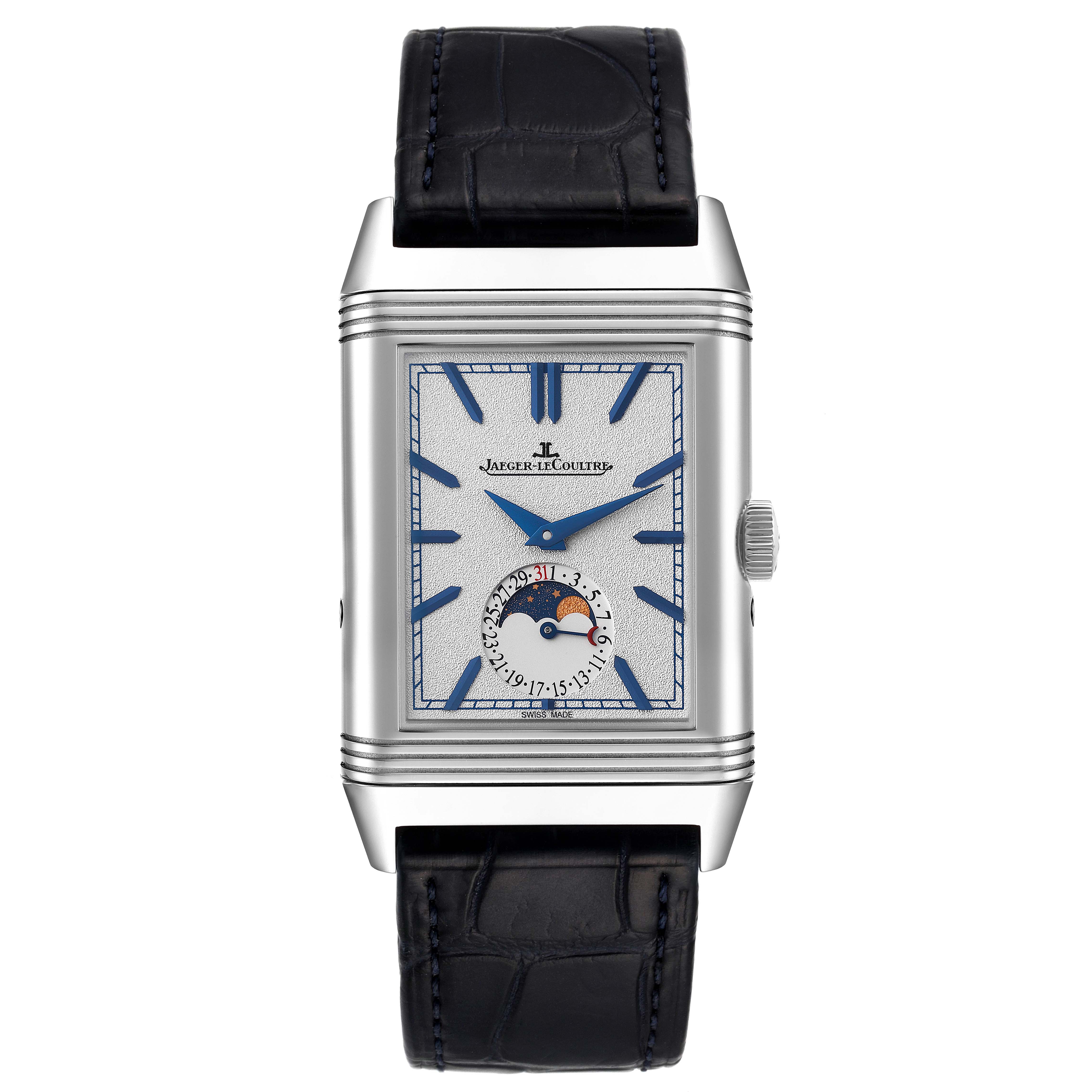 This is a front view of the Jaeger-LeCoultre Reverso watch displaying its face, hands, dial, moon phase complication, and crown.