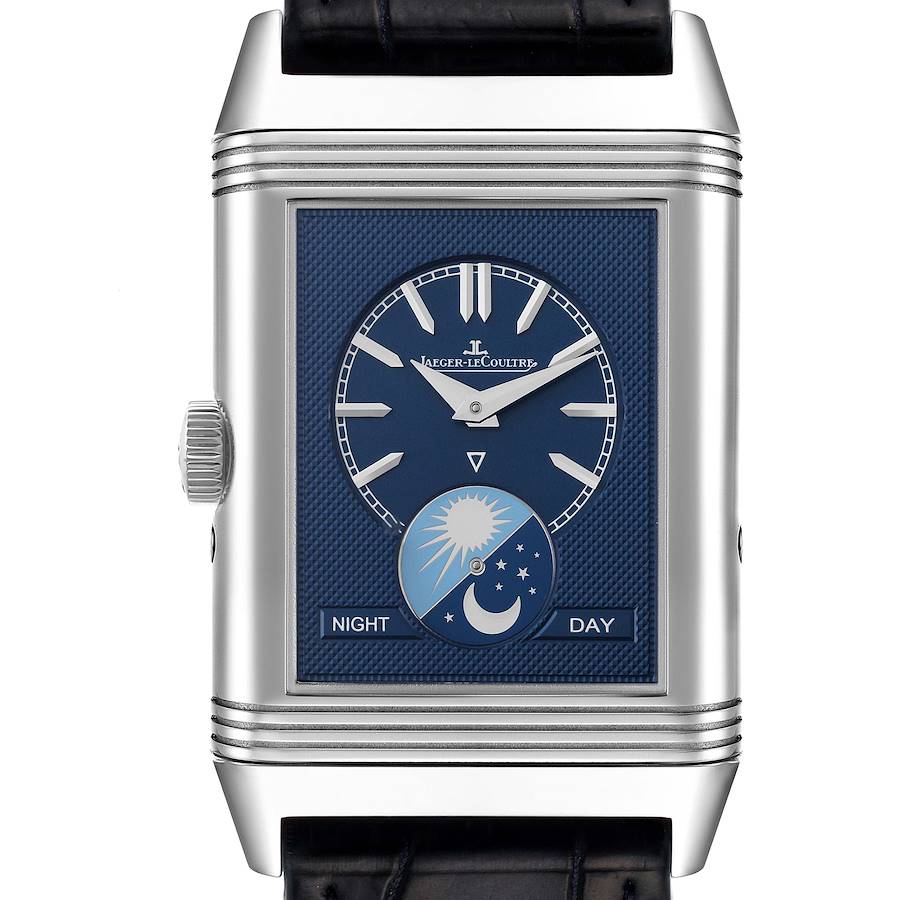 The image shows a front view of a Jaeger-LeCoultre Reverso watch, featuring its dial, crown, and part of the leather strap.