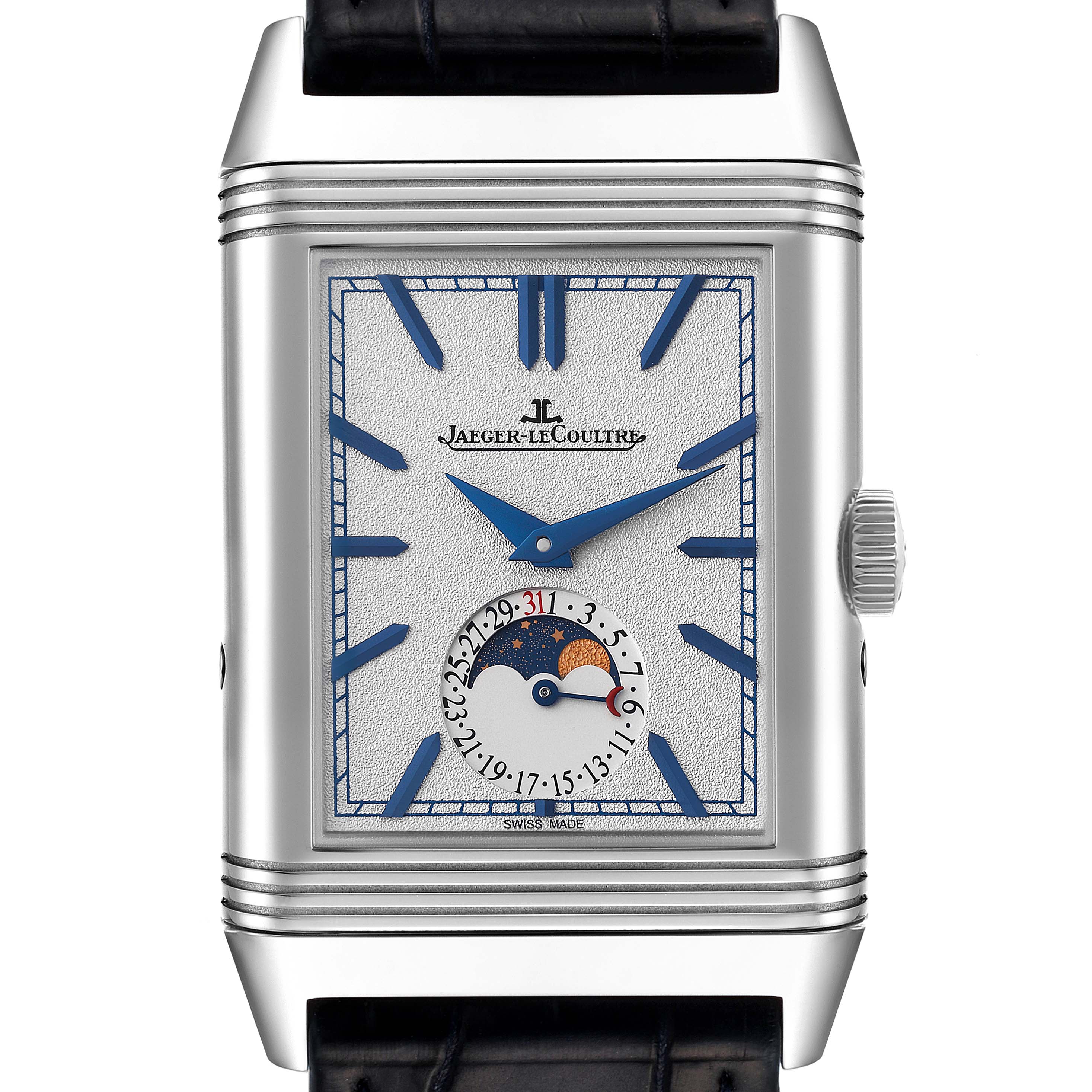 The image shows a frontal view of a Jaeger LeCoultre Reverso Q3958420 Men's Stainless Steel Blue Dial Q3958420 Men's Stainless Steel Blue Dial watch highlighting its dial and moon phase complication.
