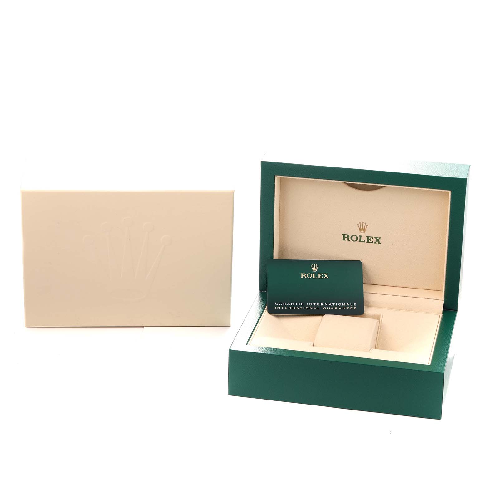 The image shows the packaging for a Rolex President 128236 Men
s Platinum Blue Dial model, including the outer box, inner box, and warranty card.