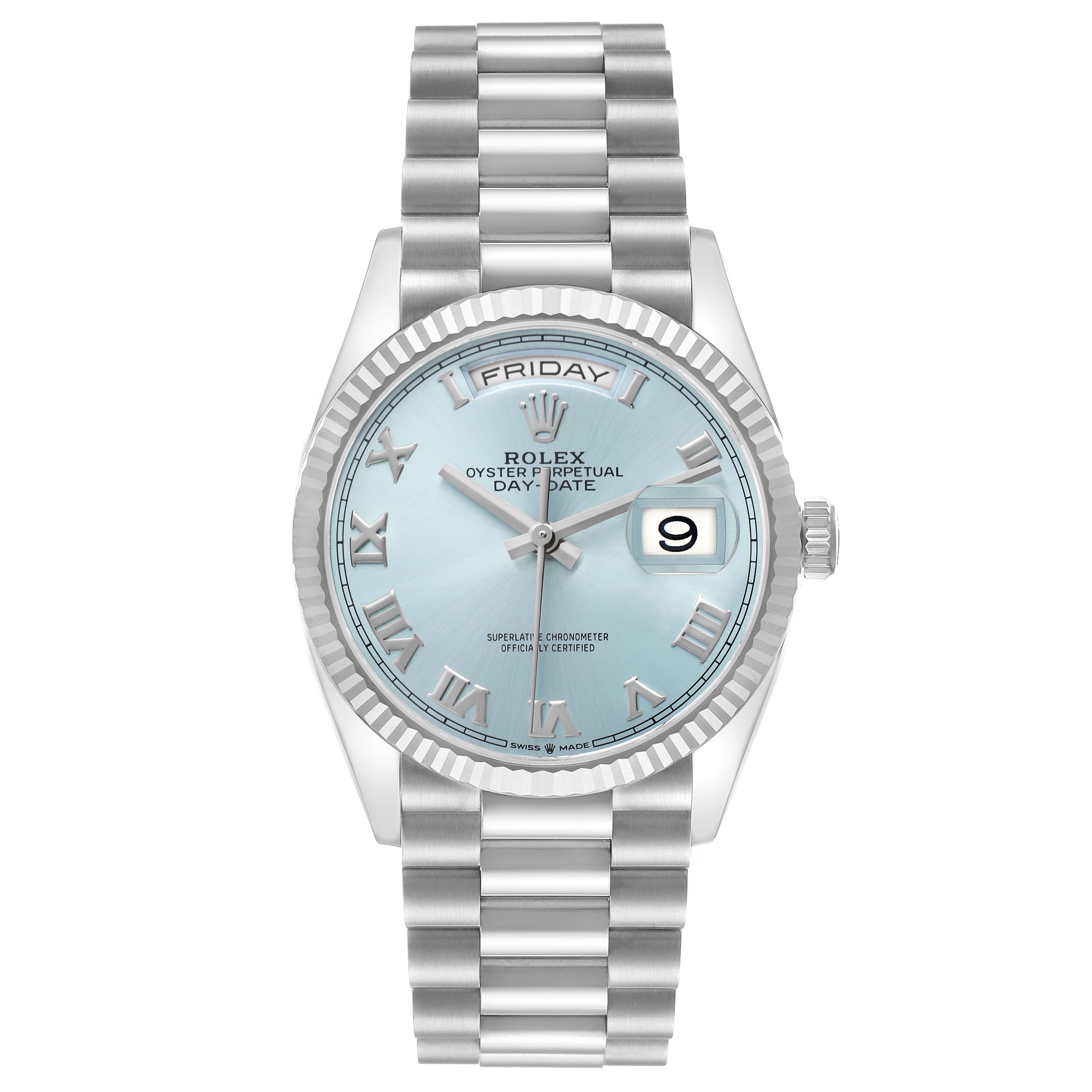 The Rolex President 128236 Men
s Platinum Blue Dial model is shown from a front view, highlighting the dial, bracelet, and date display.