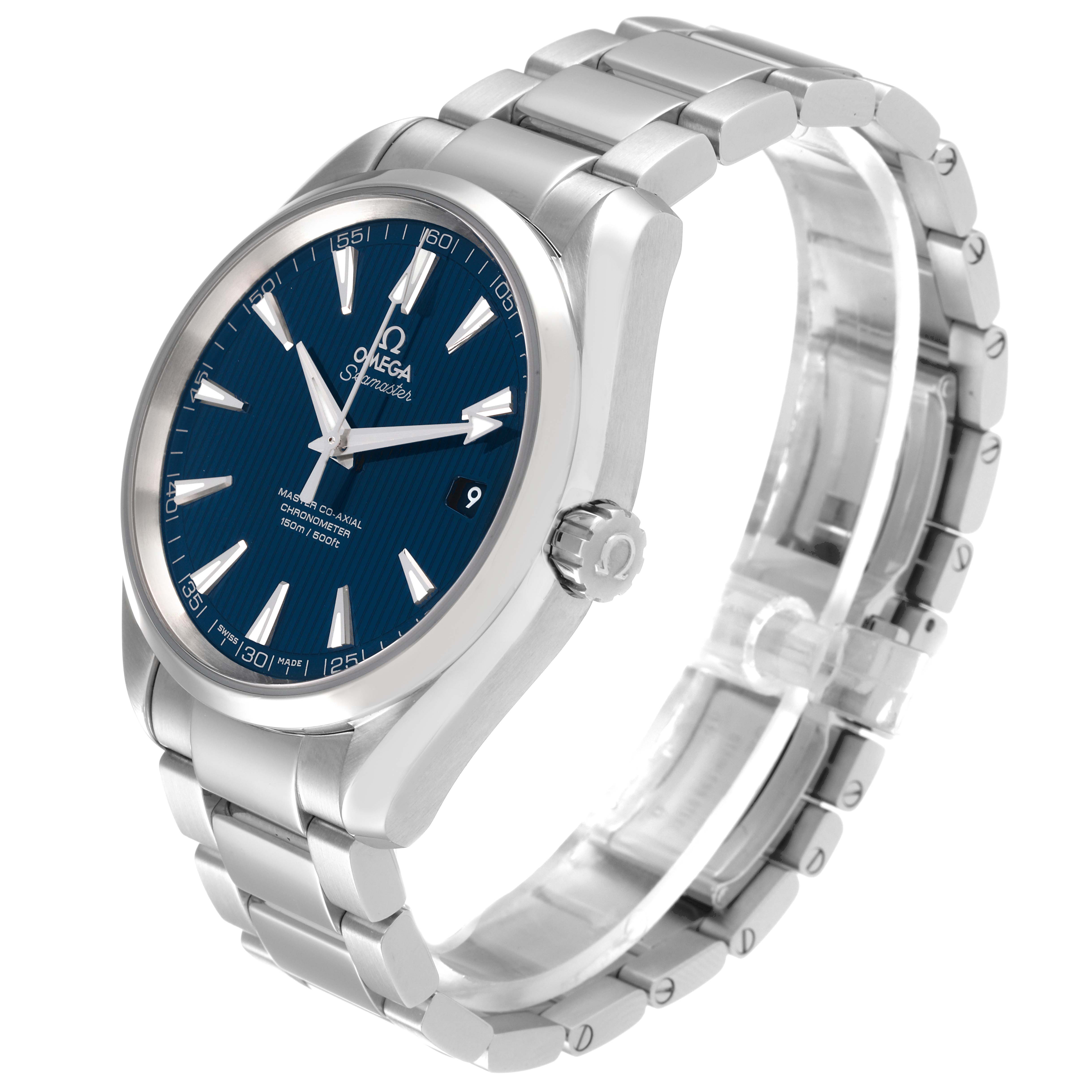 The image shows an Omega Aqua Terra 231.10.42.21.03.001 Men
s Stainless Steel Blue Dial 231.10.42.21.03.001 Men
s Stainless Steel Blue Dial watch at a three-quarter angle, highlighting the face, bezel, crown, and bracelet.